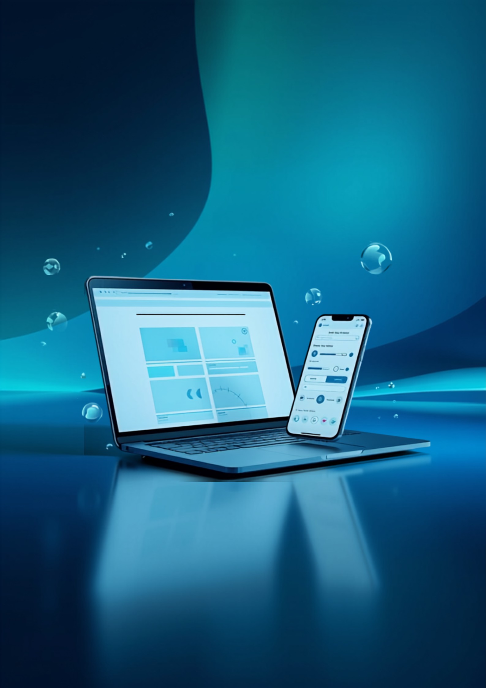 Website and app interface shown on a laptop and smartphone