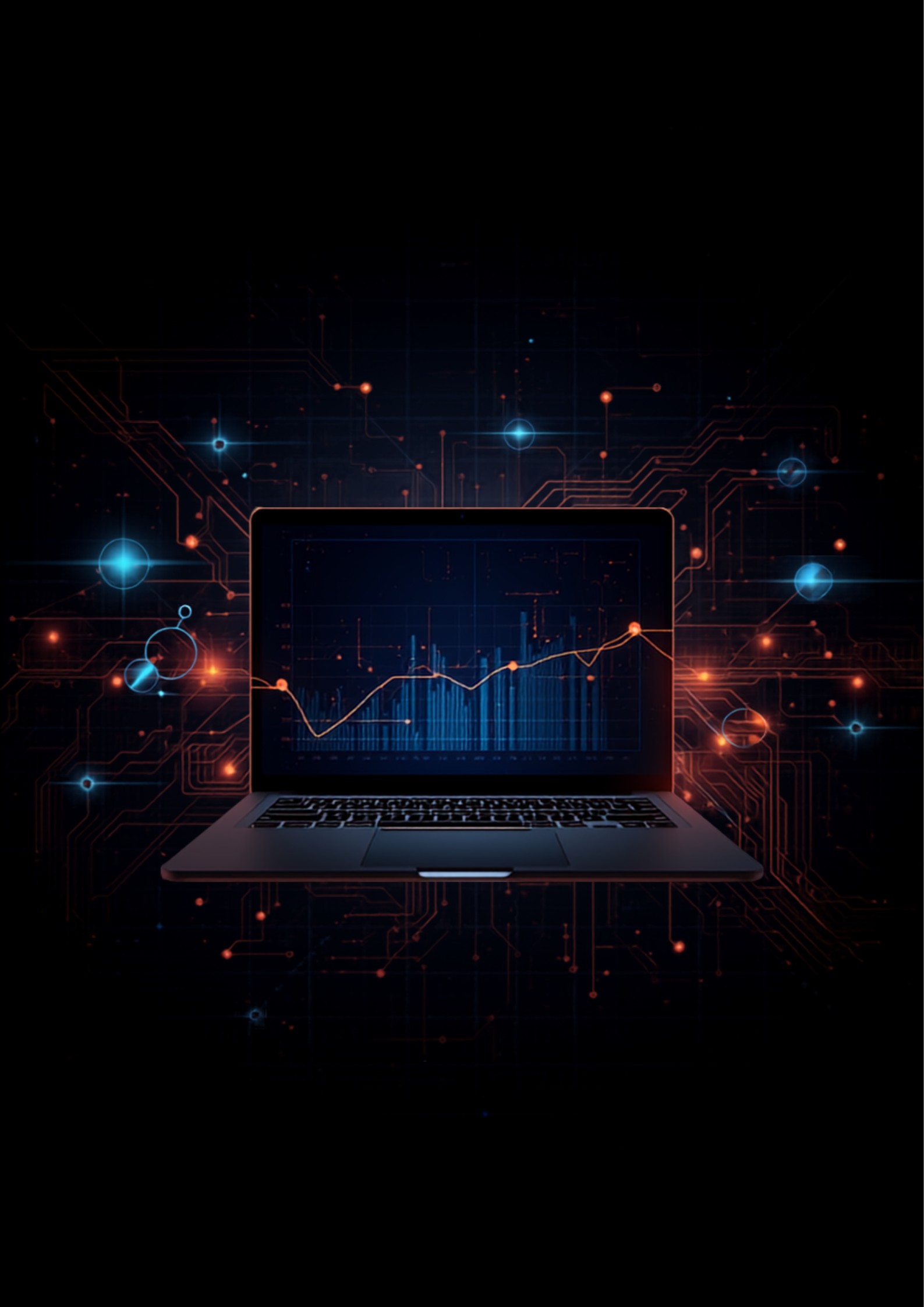 Digital marketing analytics dashboard with performance graphs around a laptop