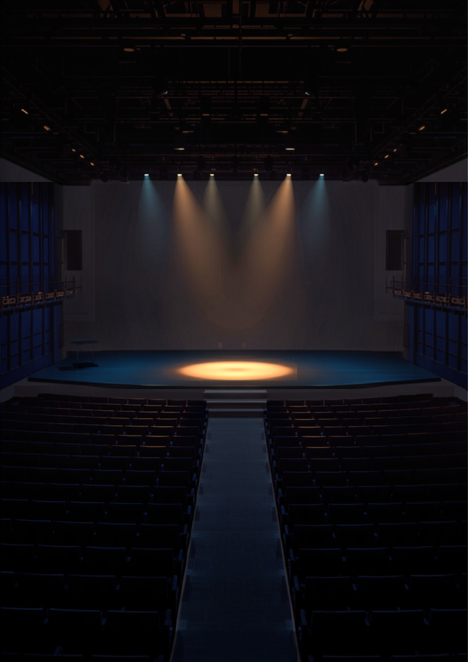 Elegant corporate event hall with a lit stage and dramatic lighting