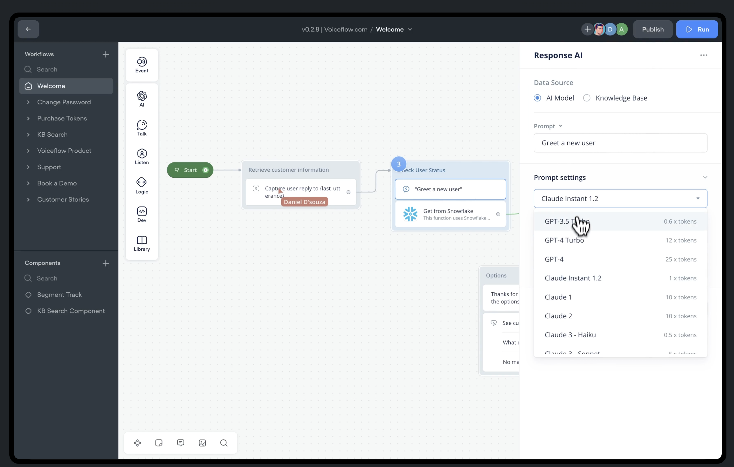 Voiceflow conversation design canvas showing branching dialogue flows
