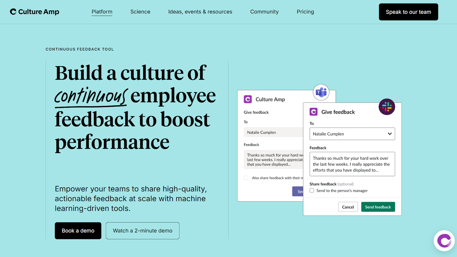 Culture Amp platform showing templated employee feedback surveys and calibration reports