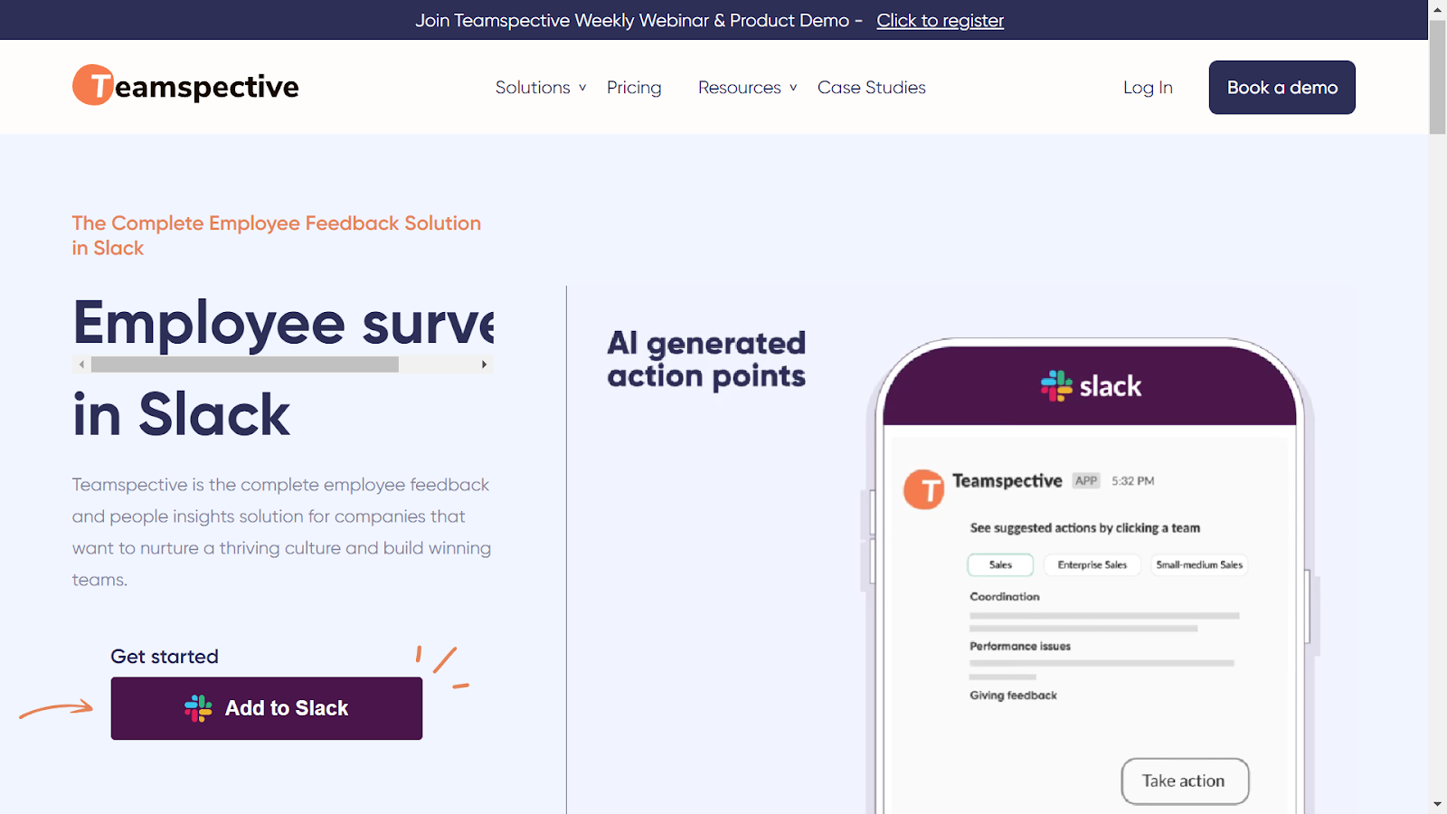 Teamspective pulse survey dashboard showing employee engagement analytics inside Slack
