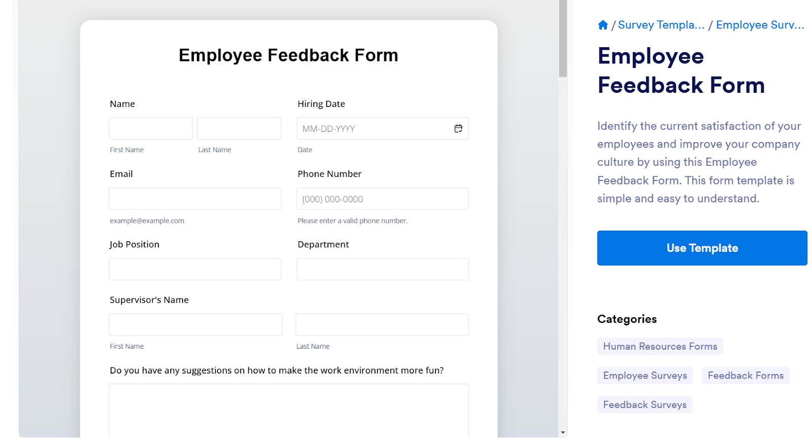 Jotform drag-and-drop form builder used to design an employee feedback survey