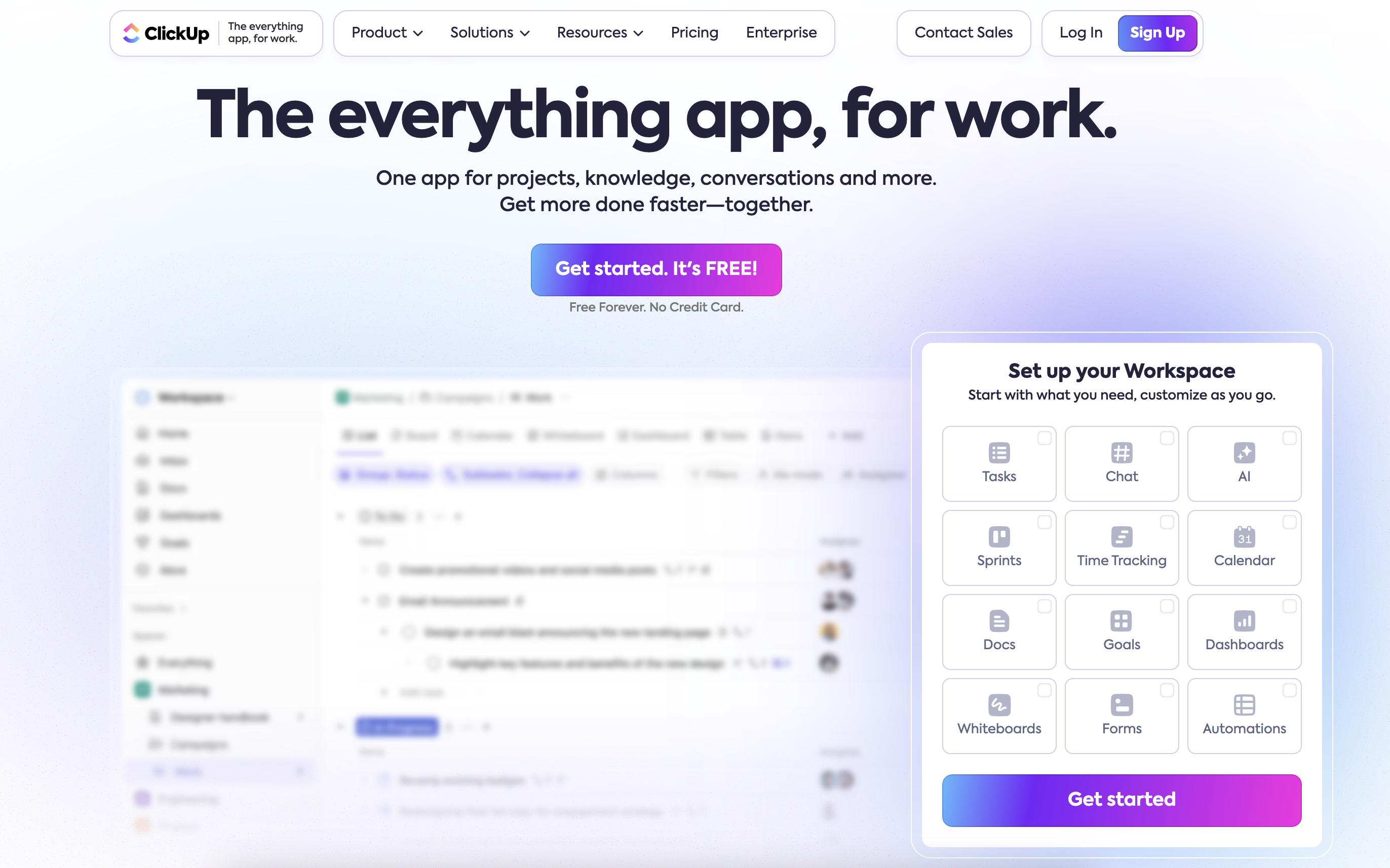ClickUp task management interface with docs, goals, and automation panels