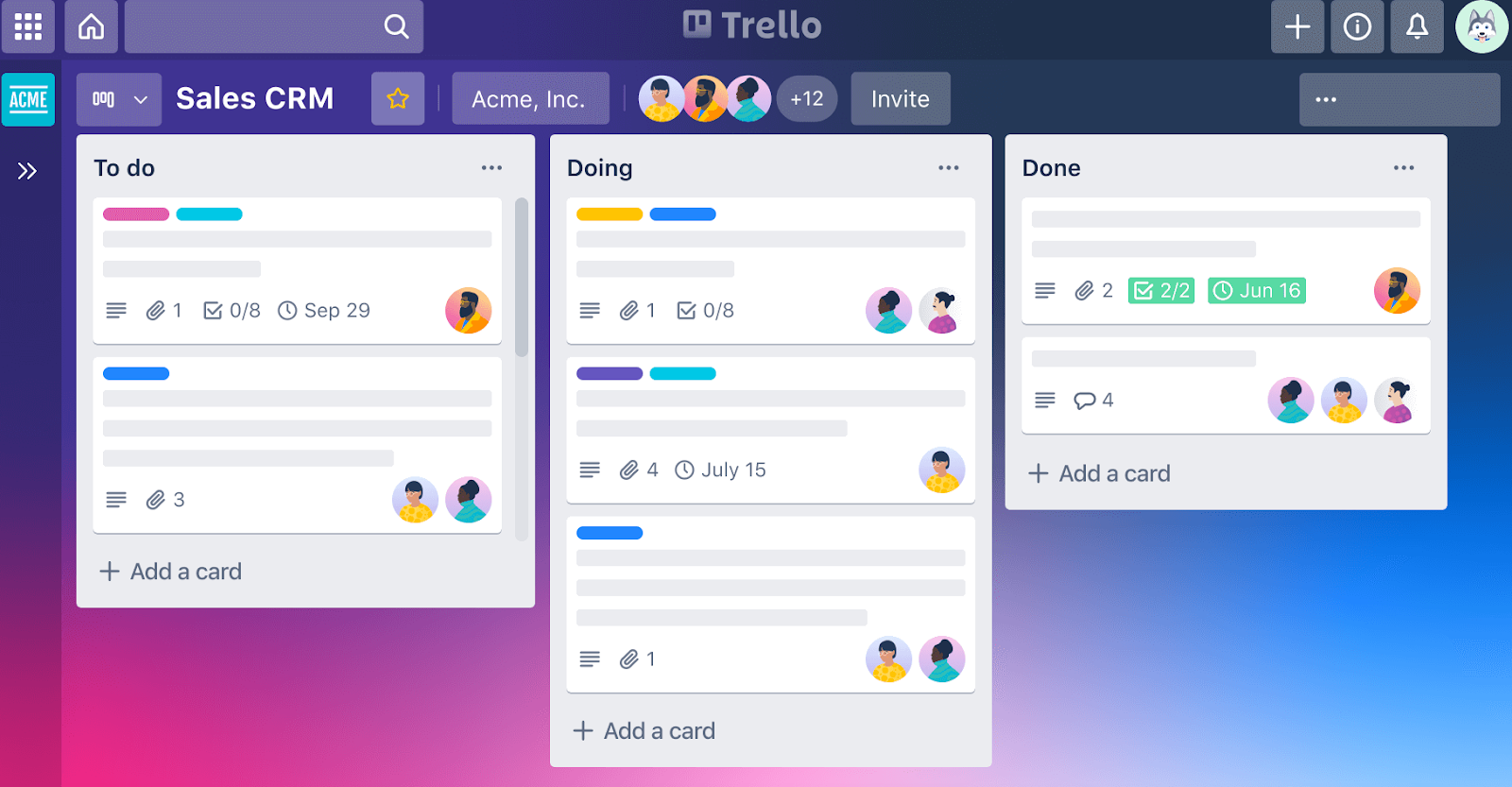 Screenshot of a Trello board showing client tasks organized into columns