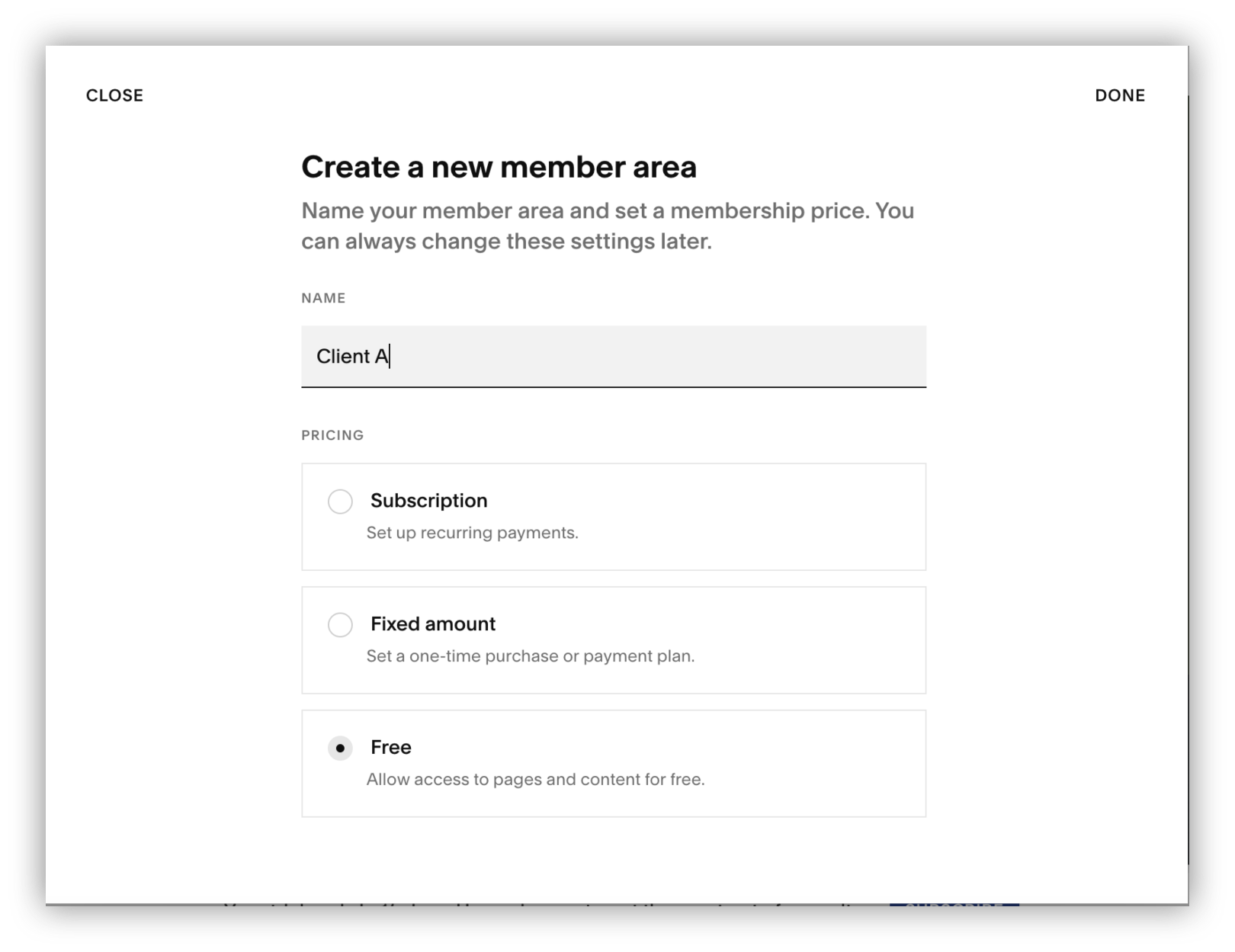 Create new Member Area