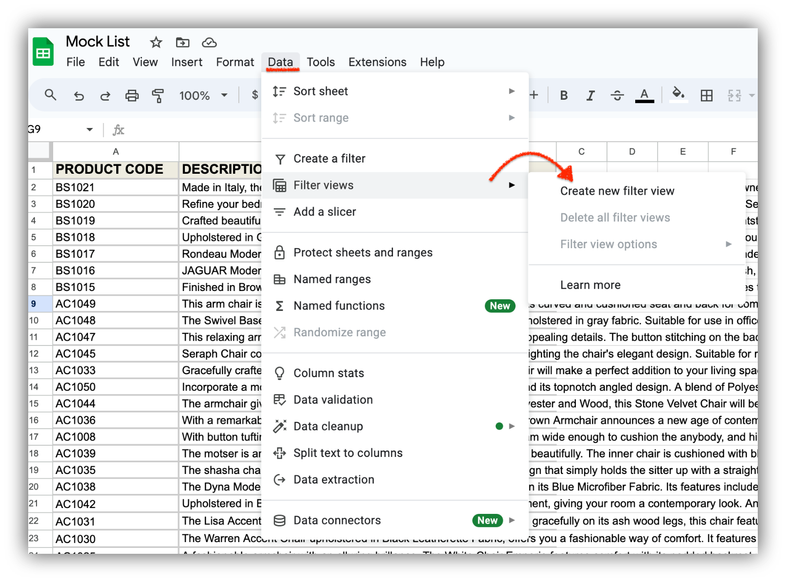 Step 1: Click on Data > Filter views > Create a new filter view