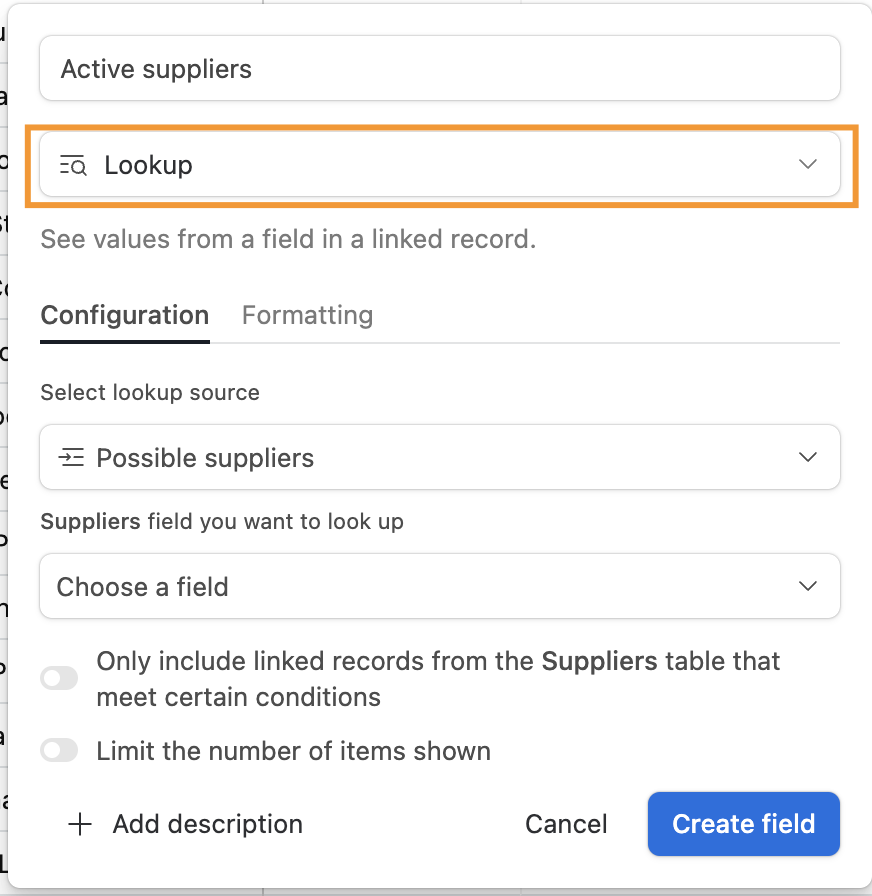 Step 2.2: Set field type to Lookup