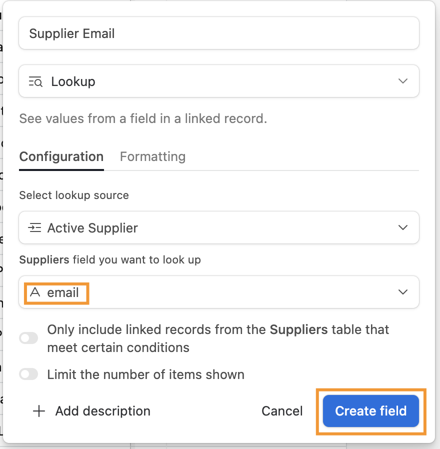 Step 2.3: Select the field to lookup