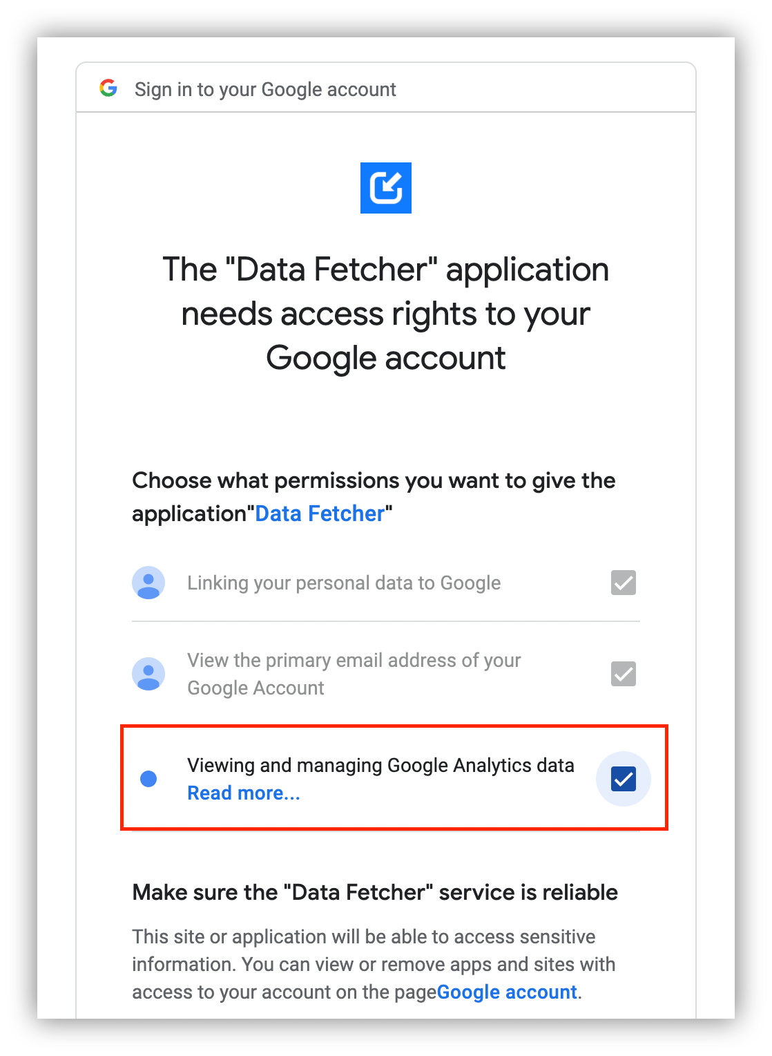 Allowing Data Fetcher to view and manage your GA data