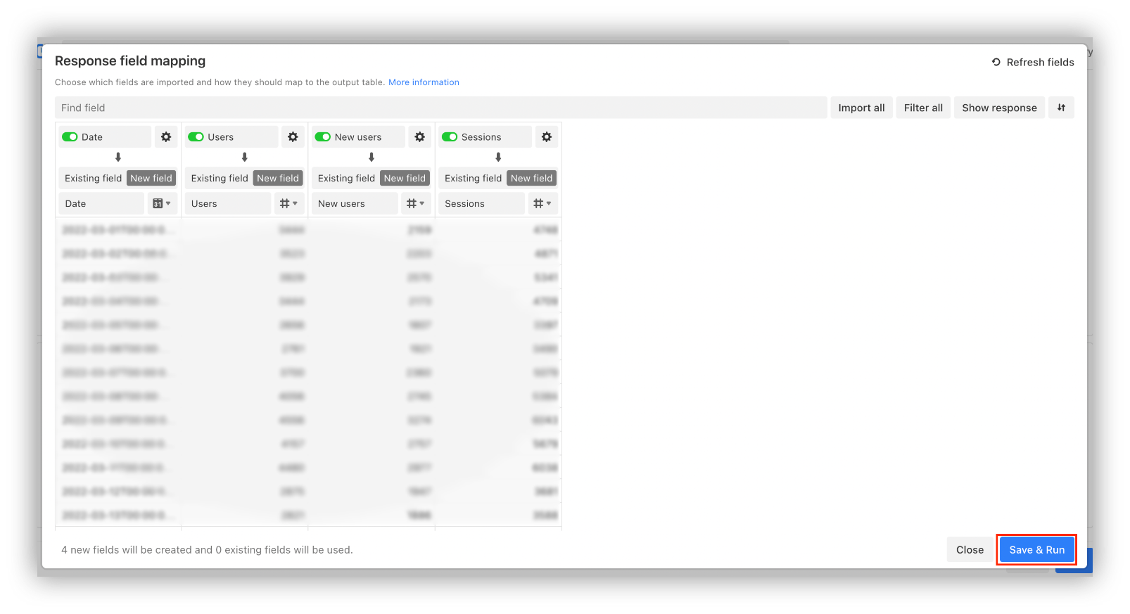 Data Fetcher's response field mapping tab