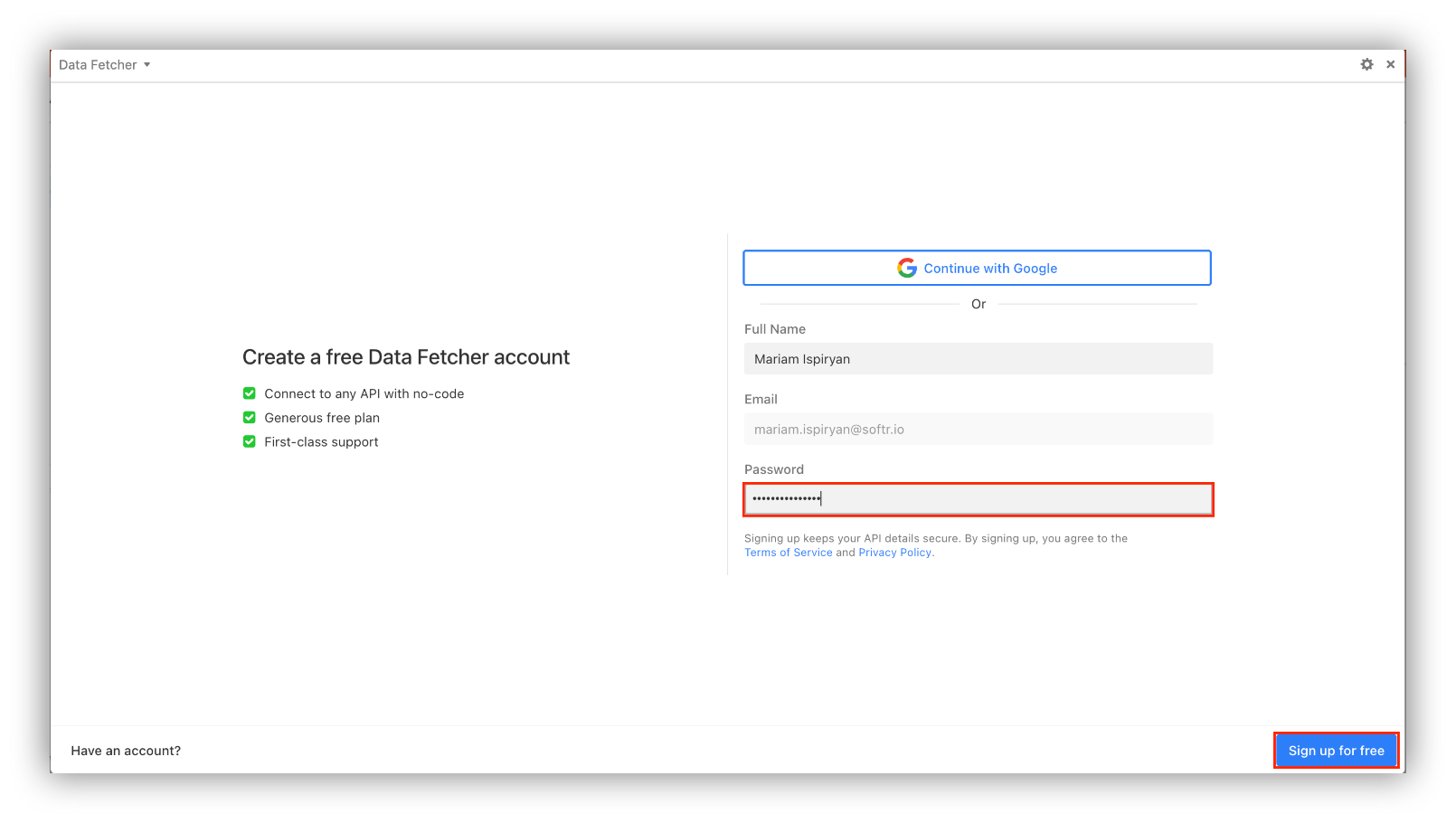 Sing up/sign in to Data Fetcher 