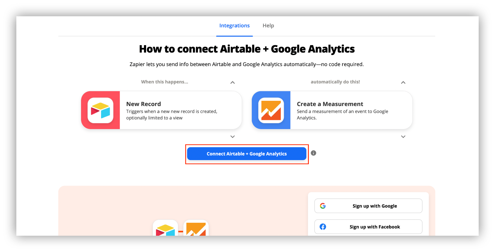 Airtable x Google Analytics Zapier landing page