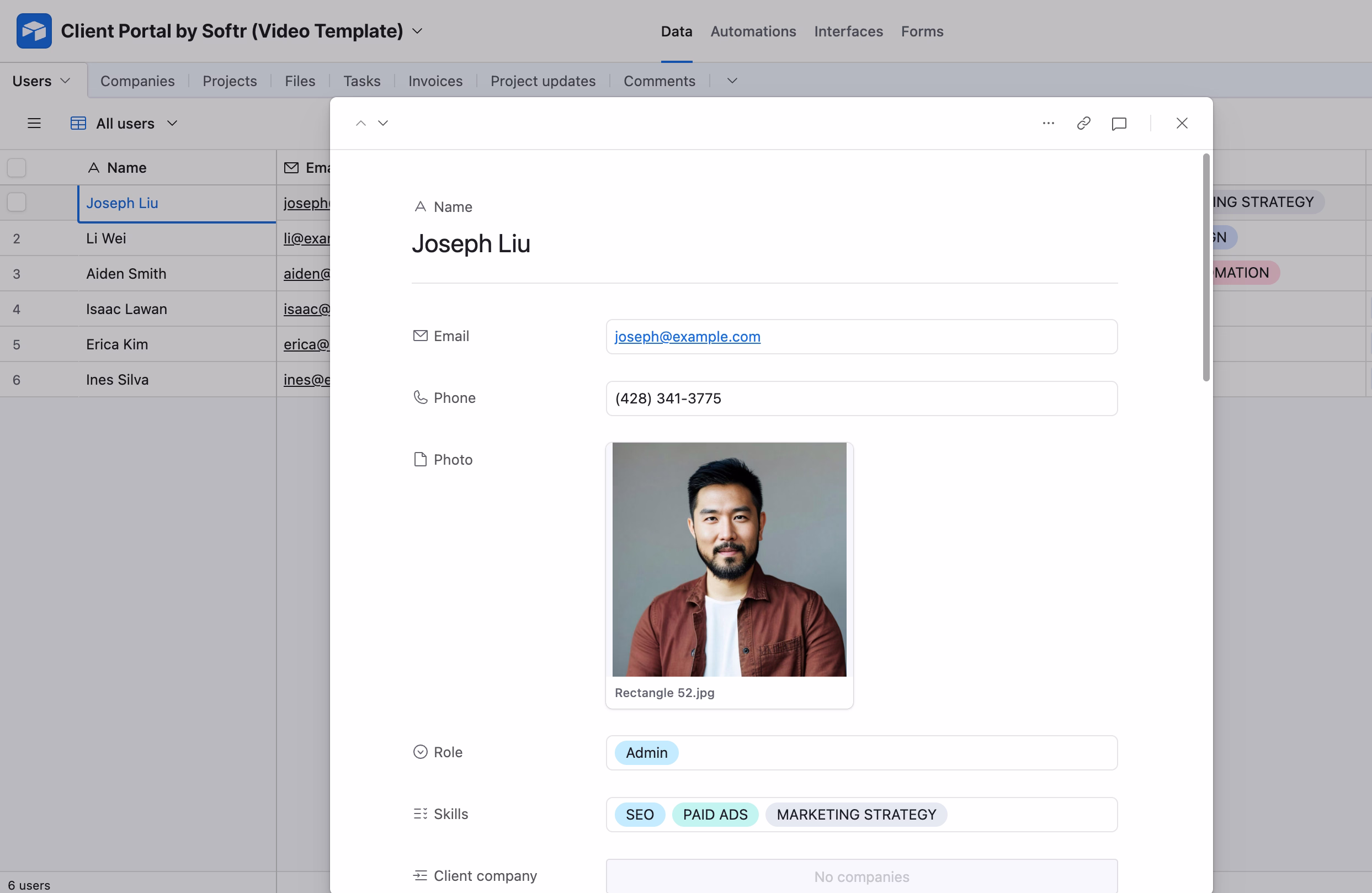 Configure the users table for the client portal Softr app