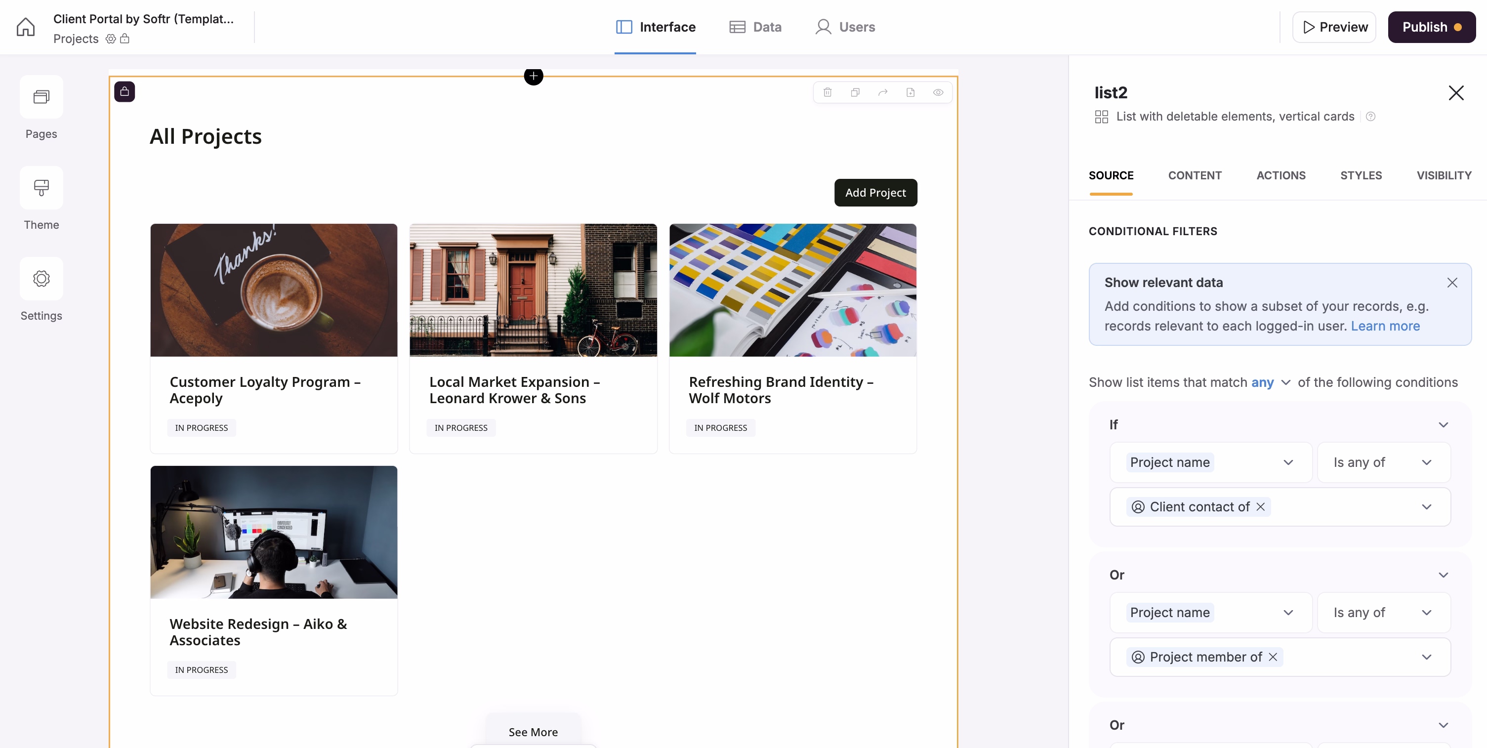 Customize the user experience in your software app thanks to the conditional filters for each block.