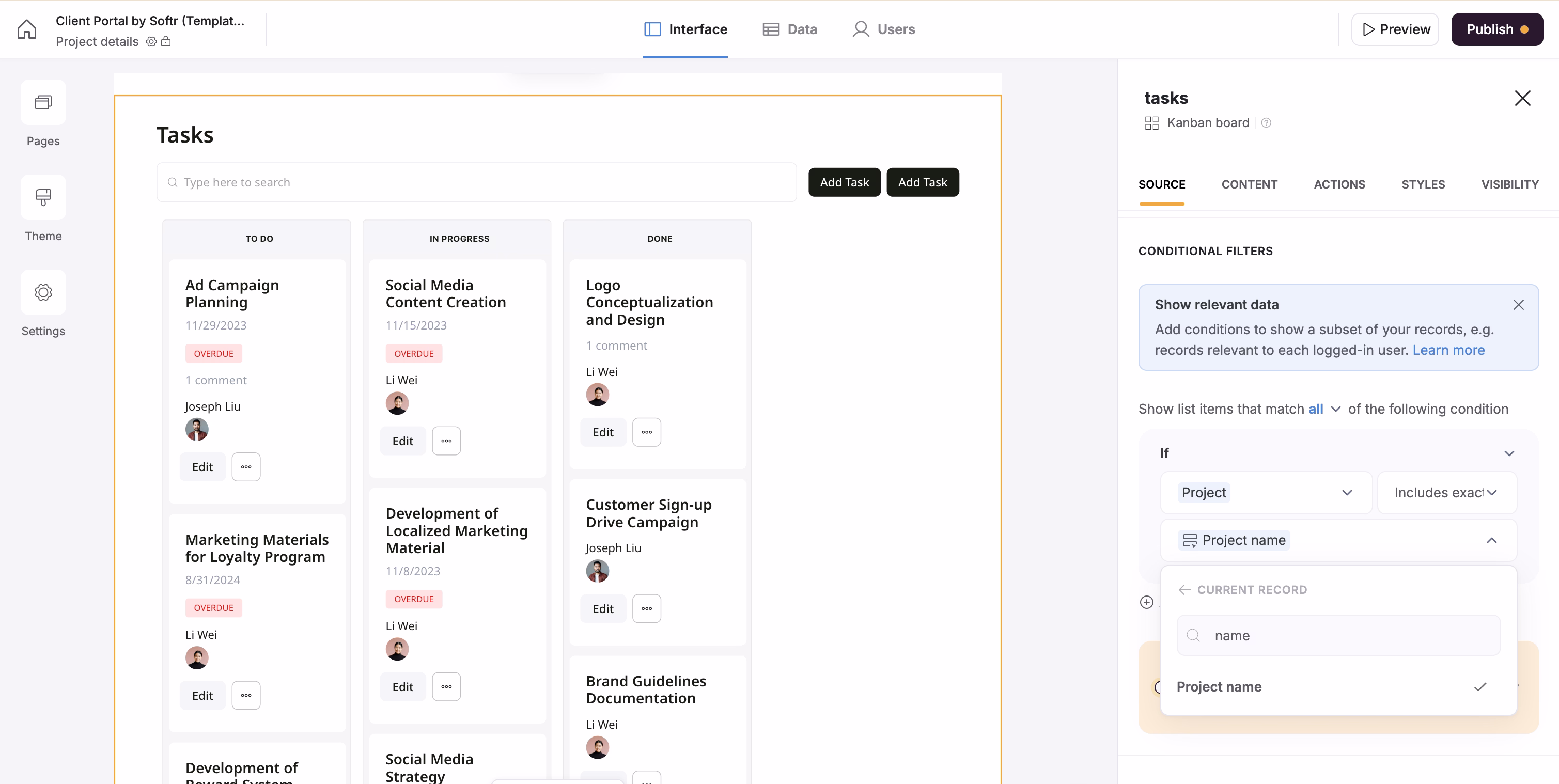 The Kanban block in Softr allows you to visualize elements like project management checklists