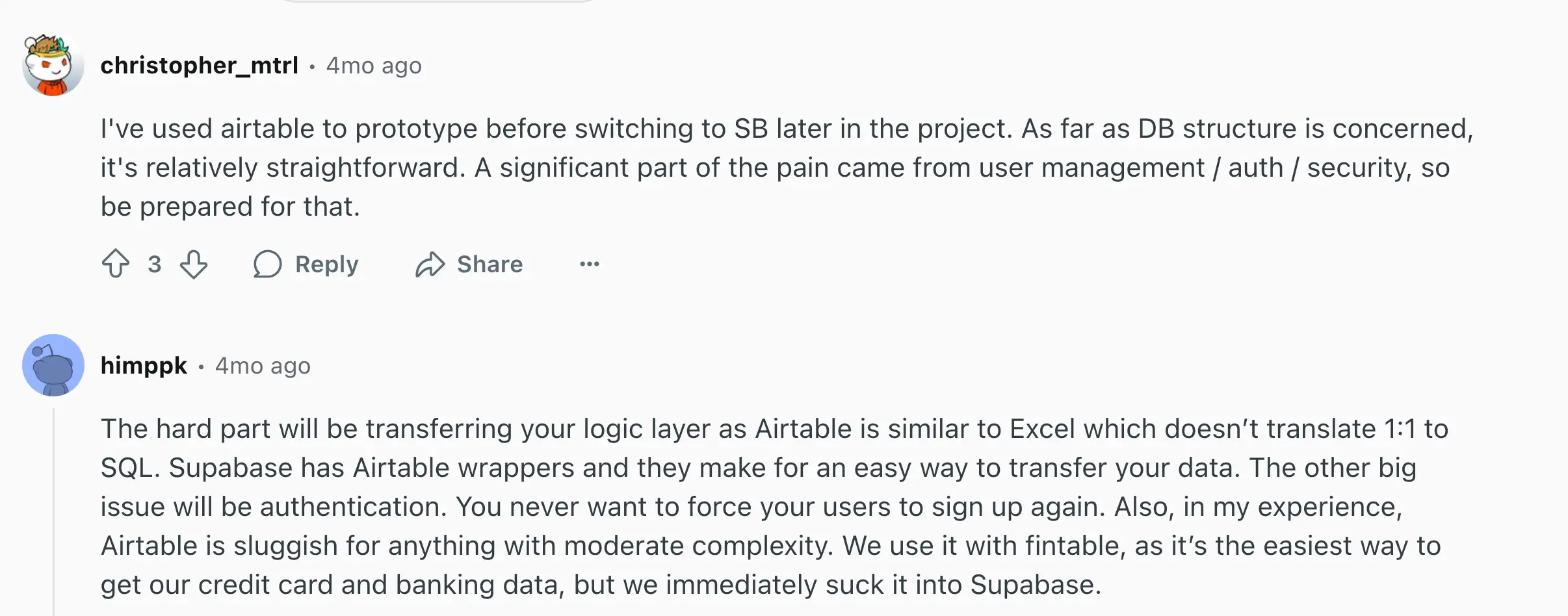 Reddit discussions of Supabase vs Airtable N1.
