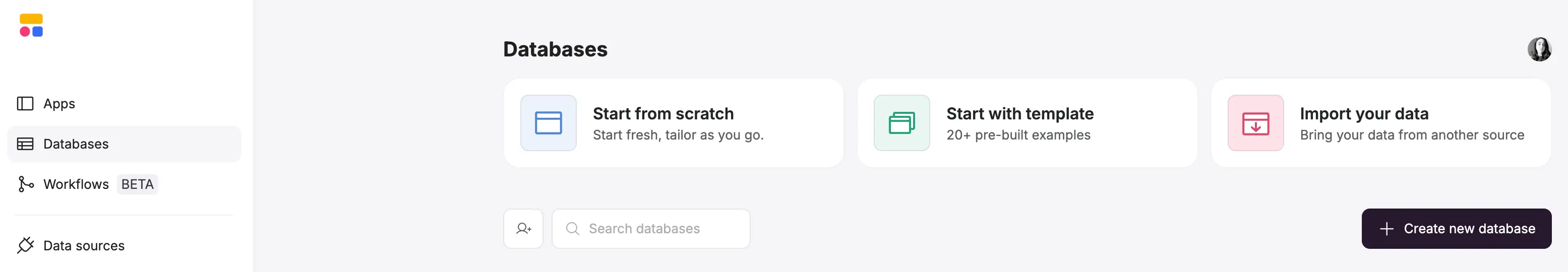 Options to start with Softr Databases.