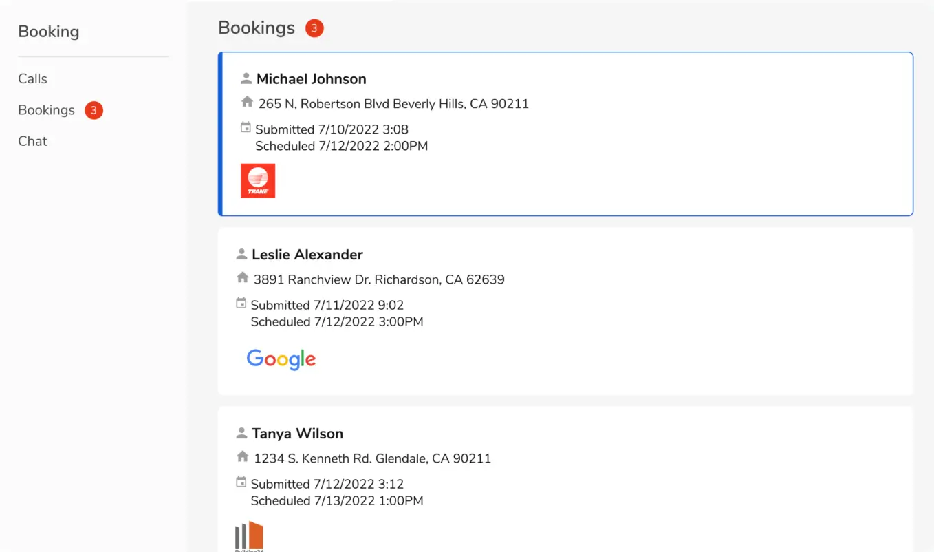 ServiceTitan CRM bookings view. 