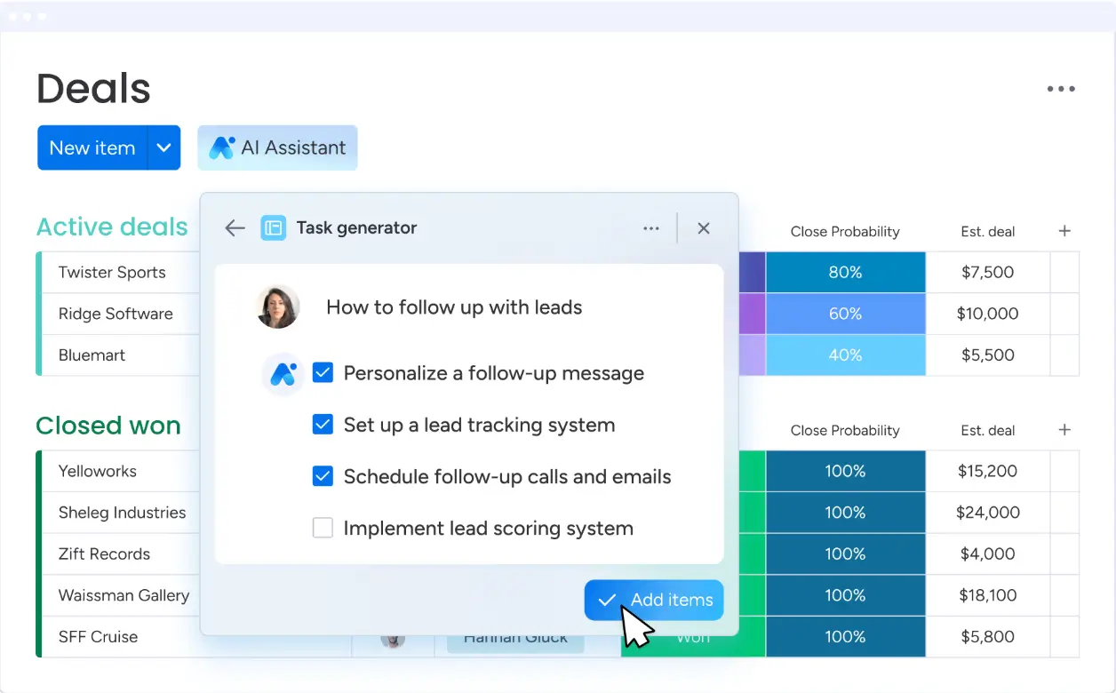 monday CRM Deals management dahsboard
