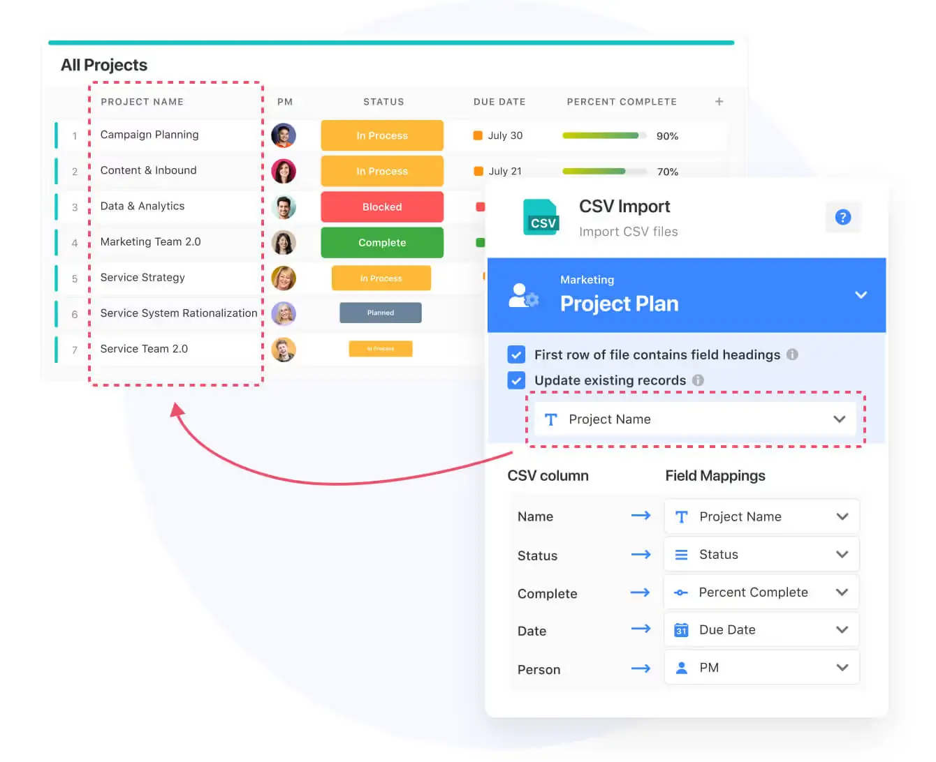Project import and data management on SmartSuite. 