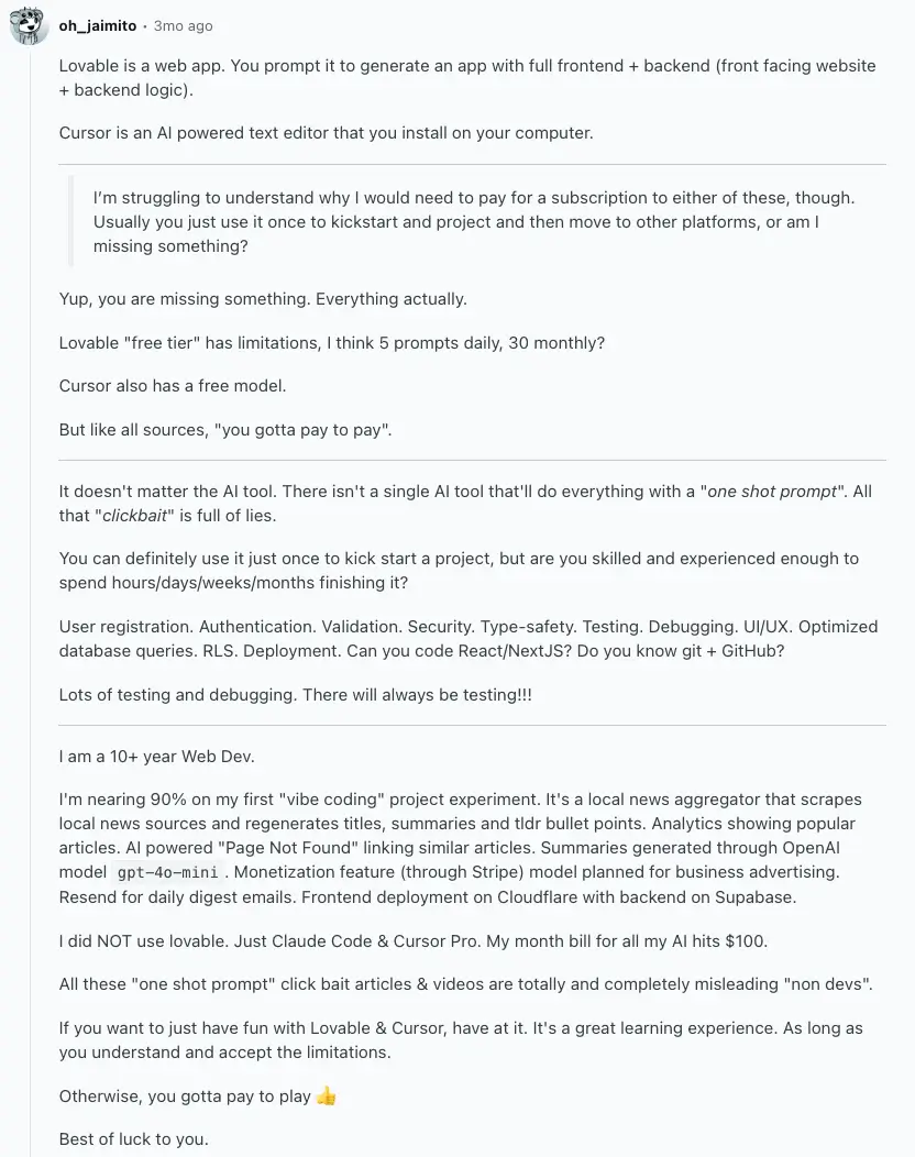 Reddit discussion lovable vs cursor