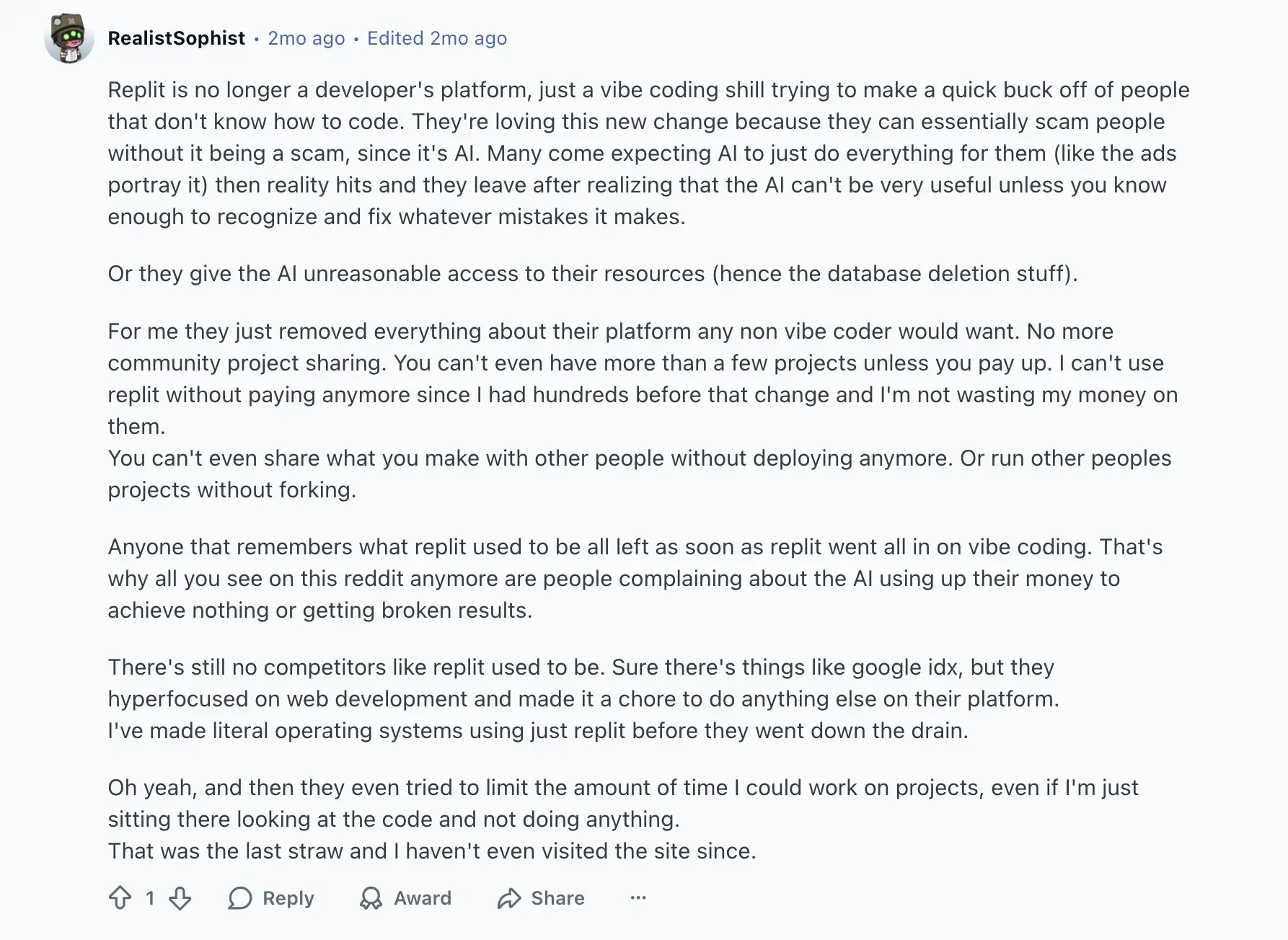 Redditor feedback on Replit. 