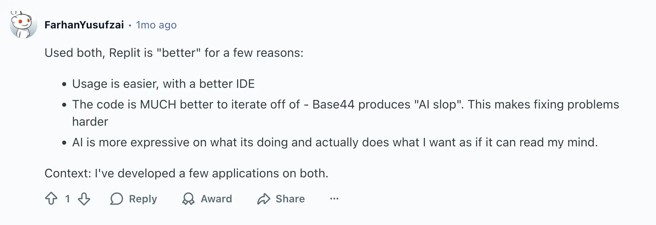 Base44 vs Replit on Reddit 1