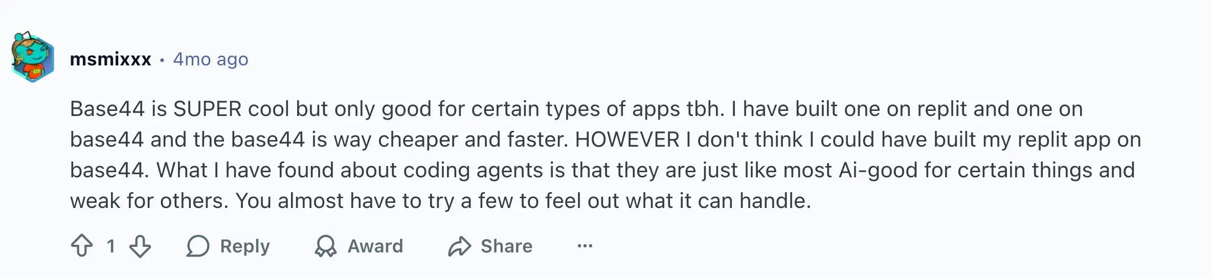 Base44 vs Replit on Reddit 3