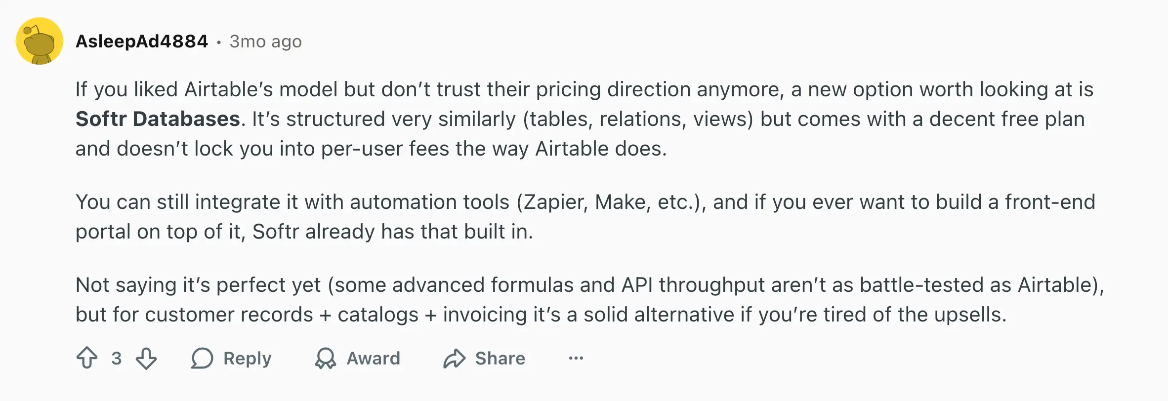 Reddit discussions on different tools and Softr Databases