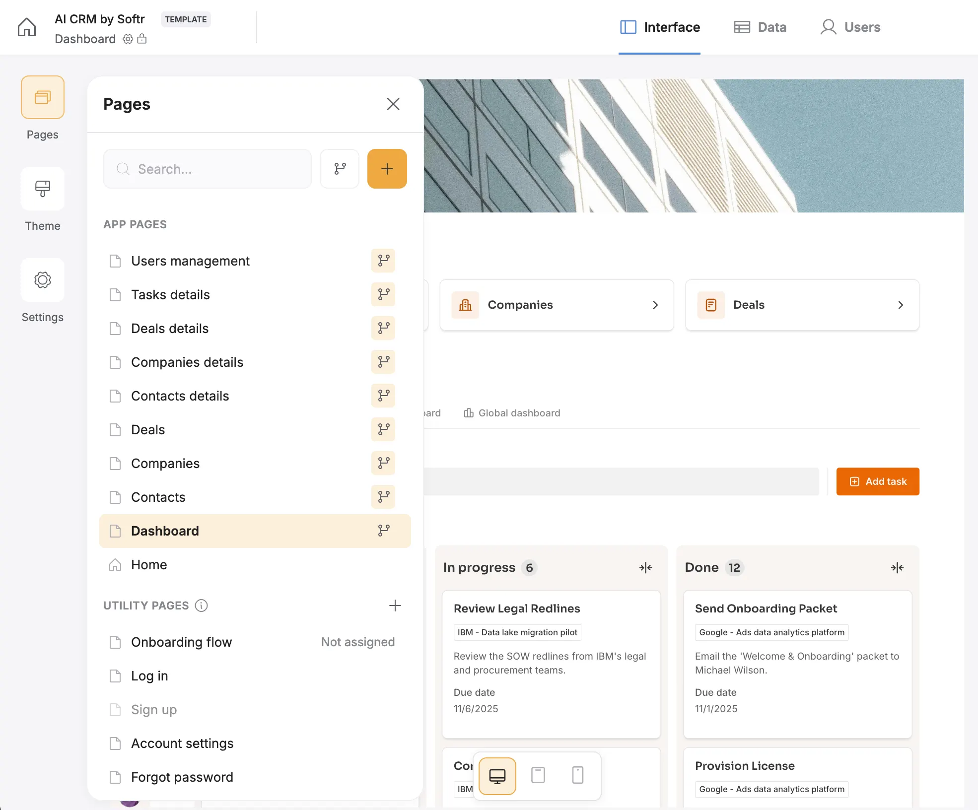 All pages for the CRM app