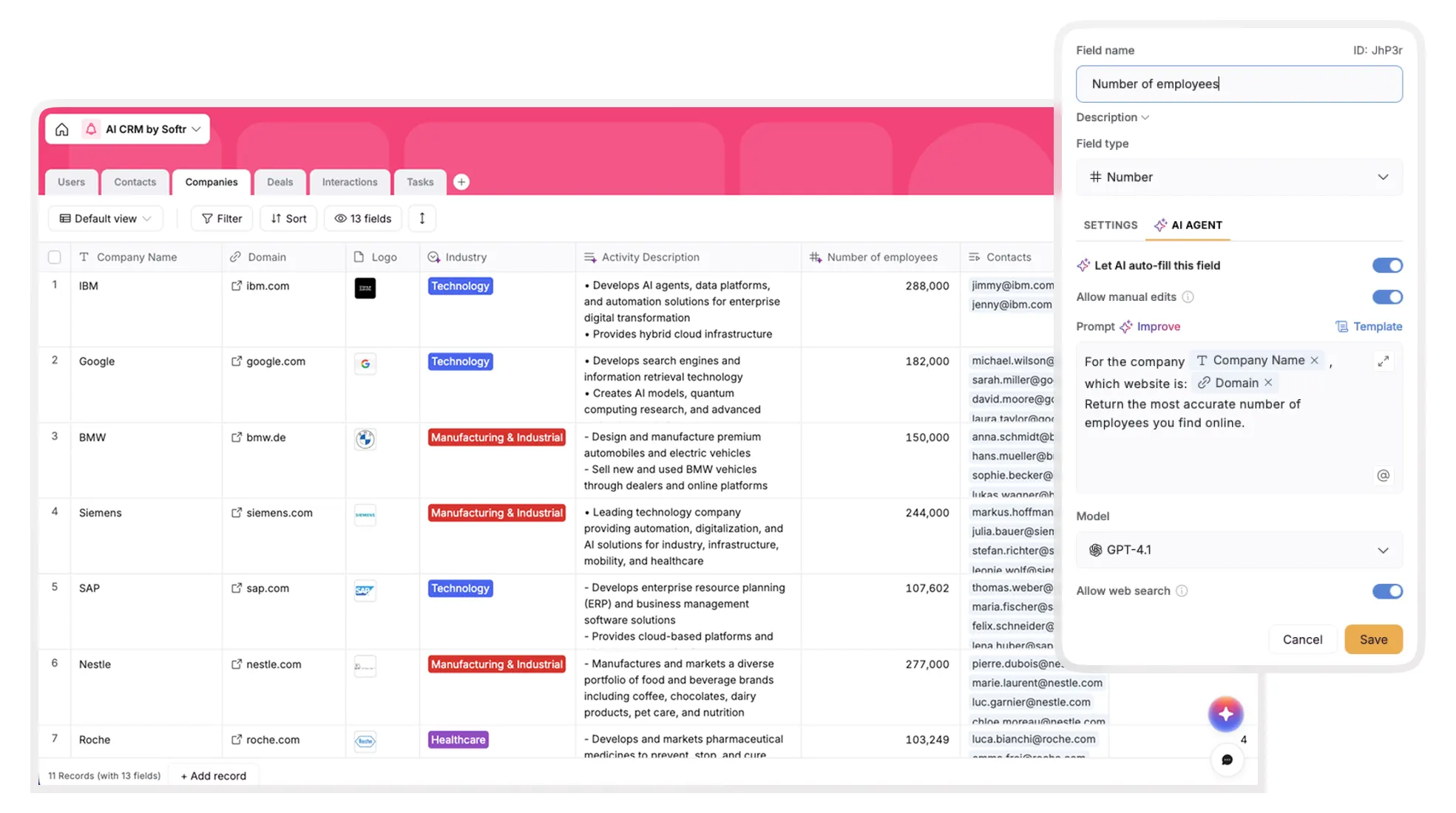 Companies table for CRM, powered by AI