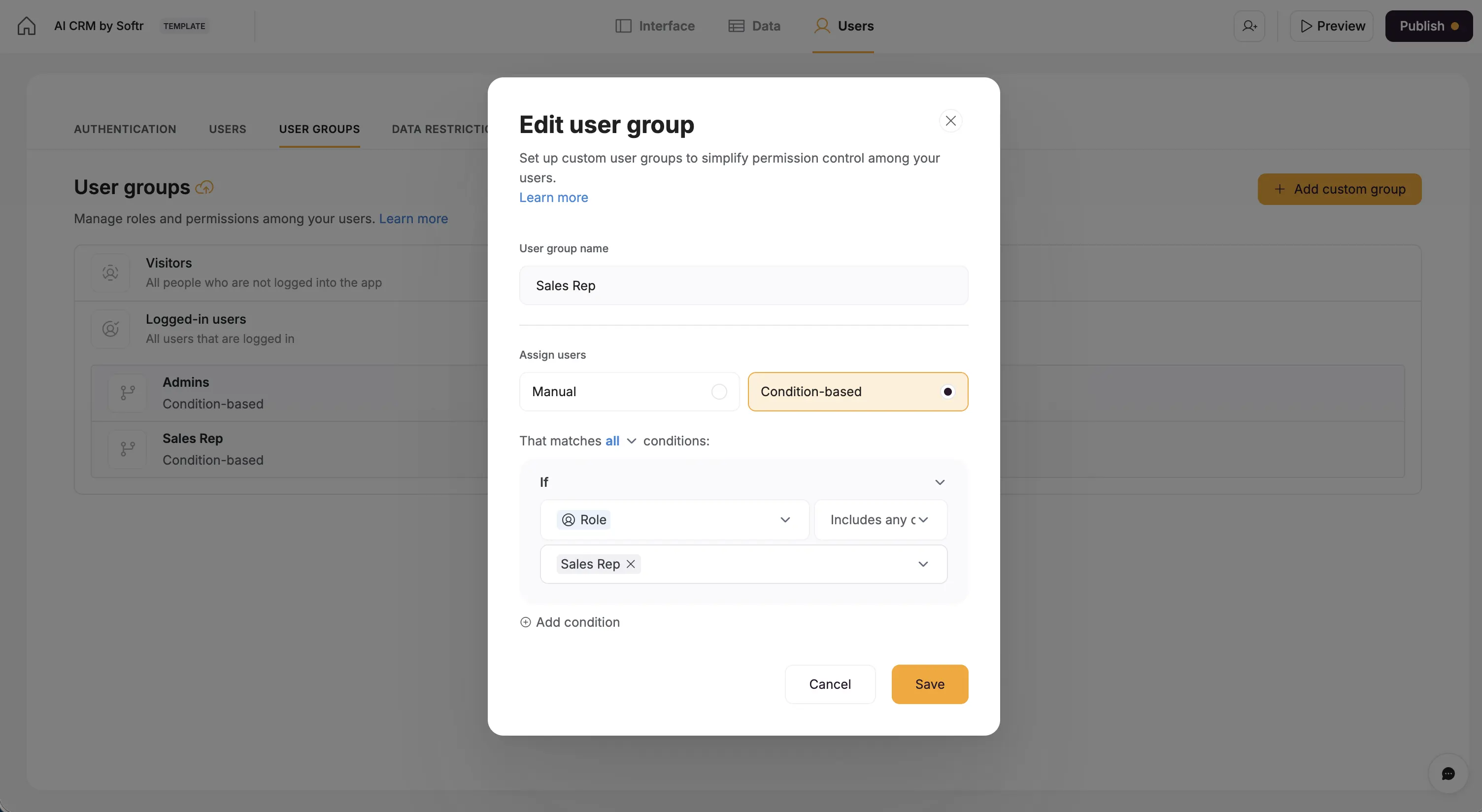 CRM user groups and permissions
