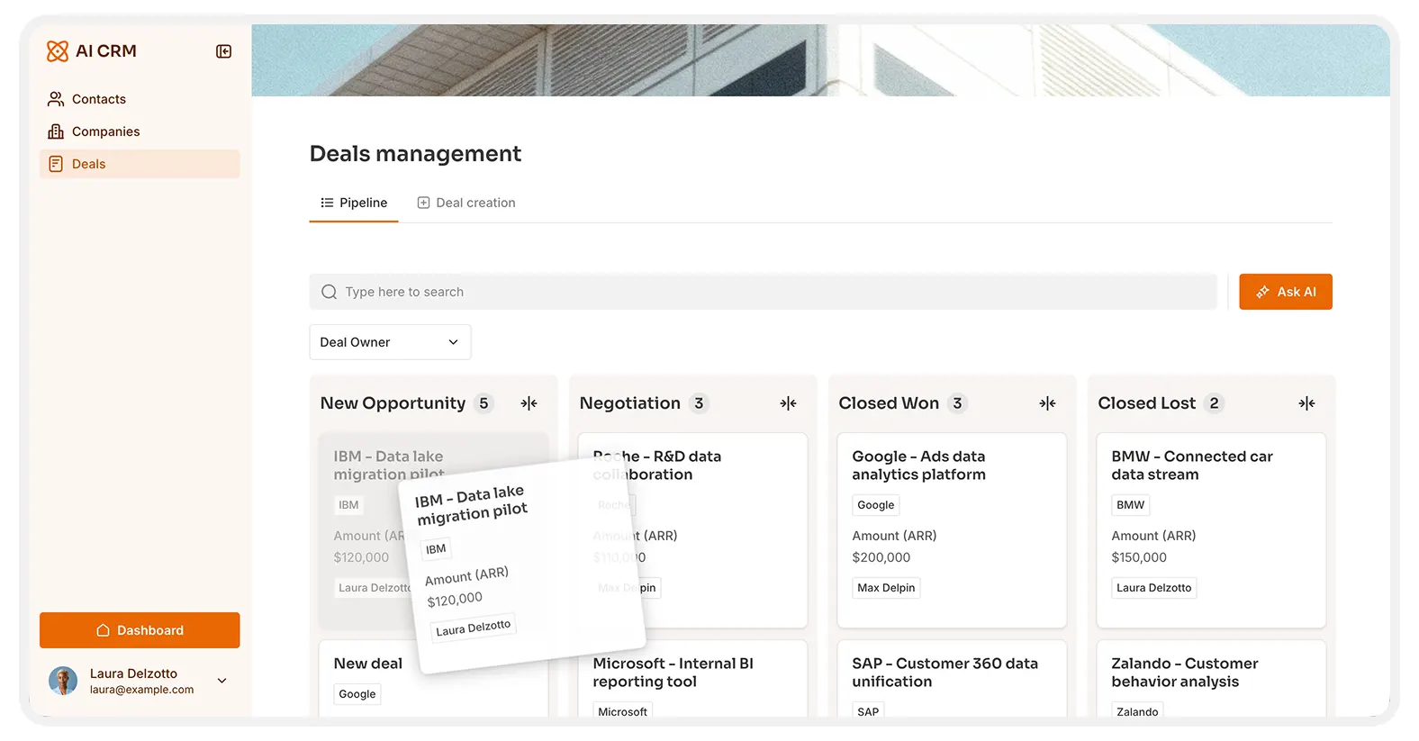 CRM deals management kanban
