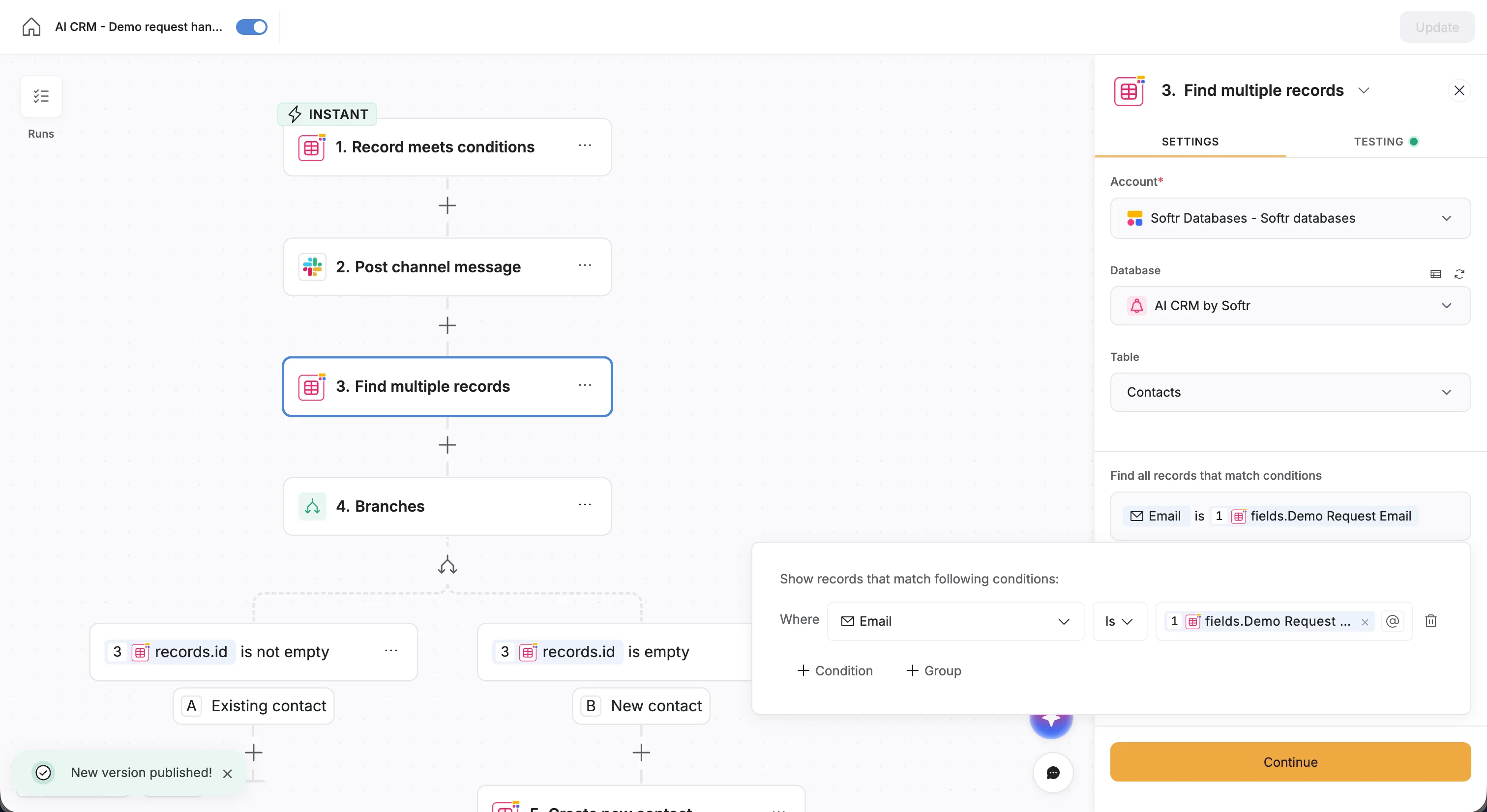 Searching for existing contacts in your CRM through a workflow