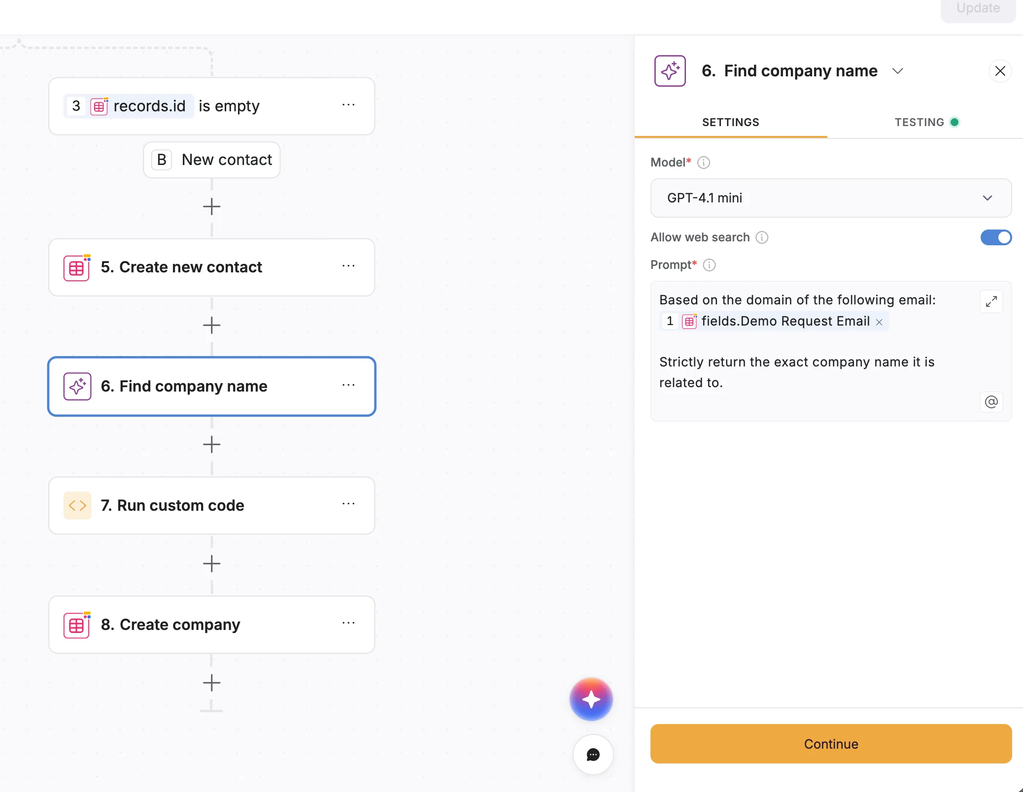 Using AI in a workflow to extract the company name based on the email