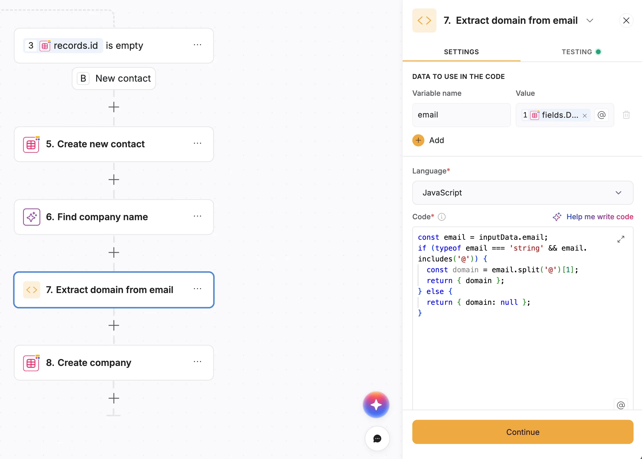 Using code to extract a domain name from an email in a workflow powered by Softr