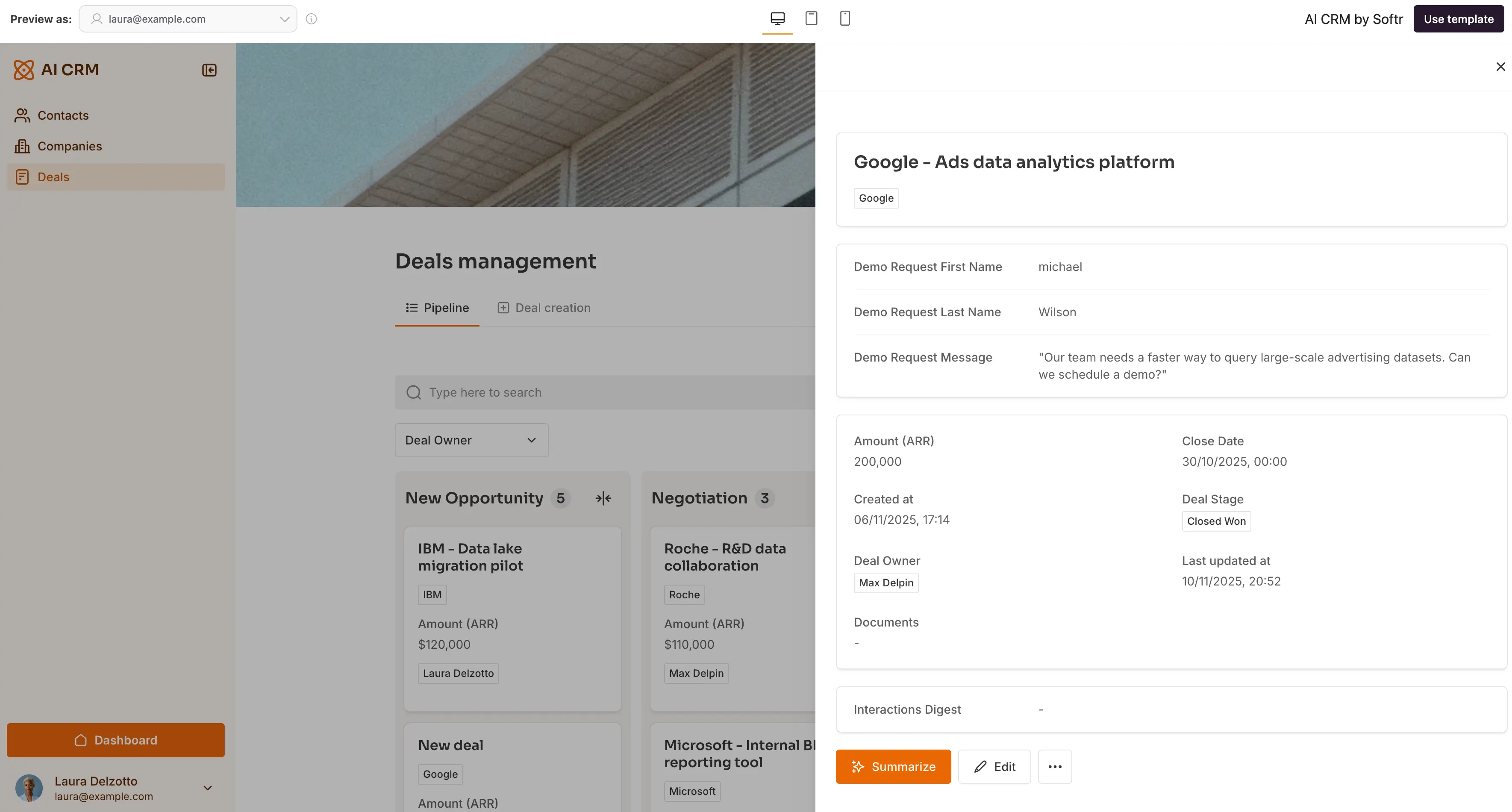 Softr's AI CRM free template