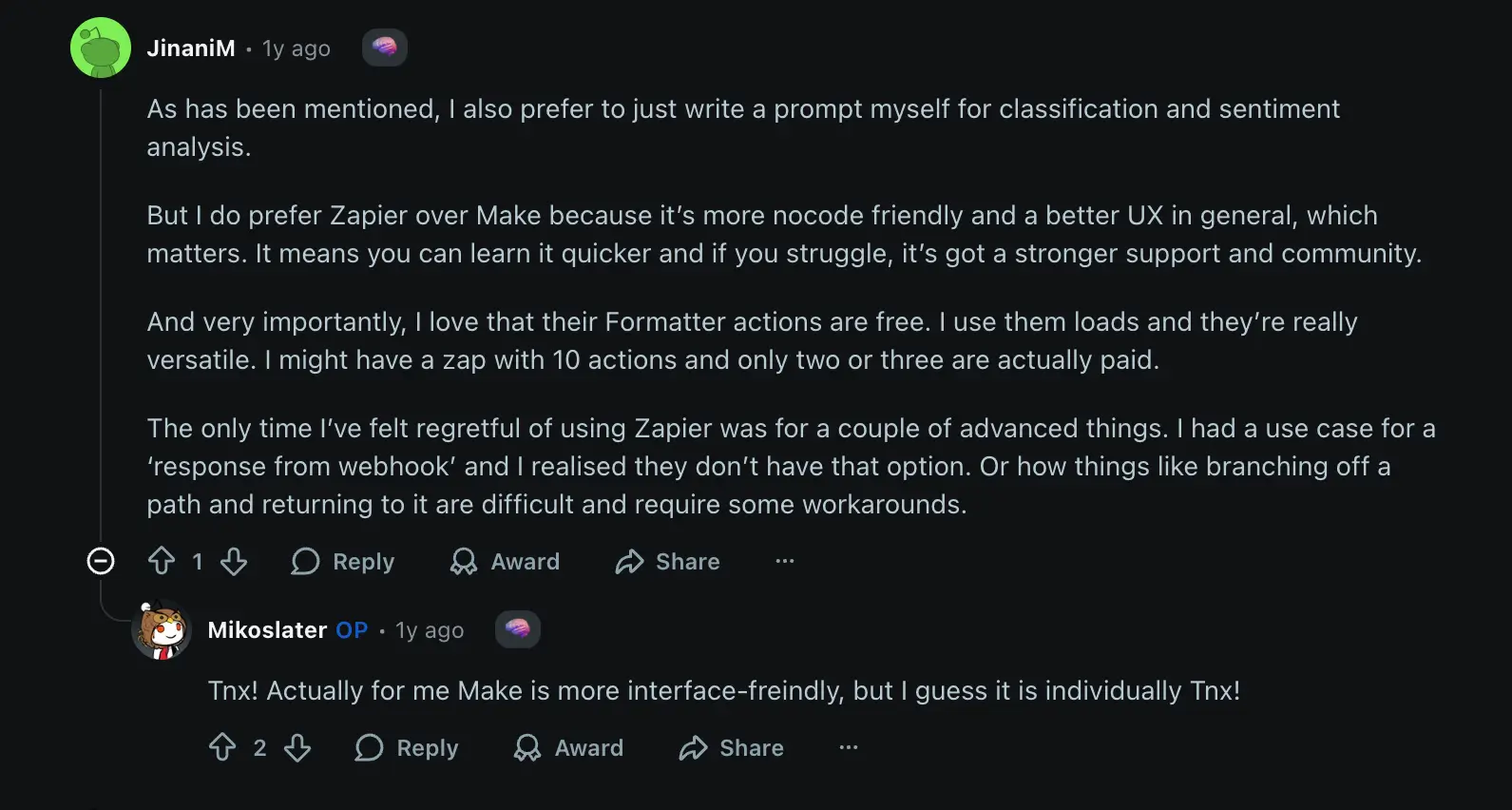 Make vs Zapier reddit discussions part 1