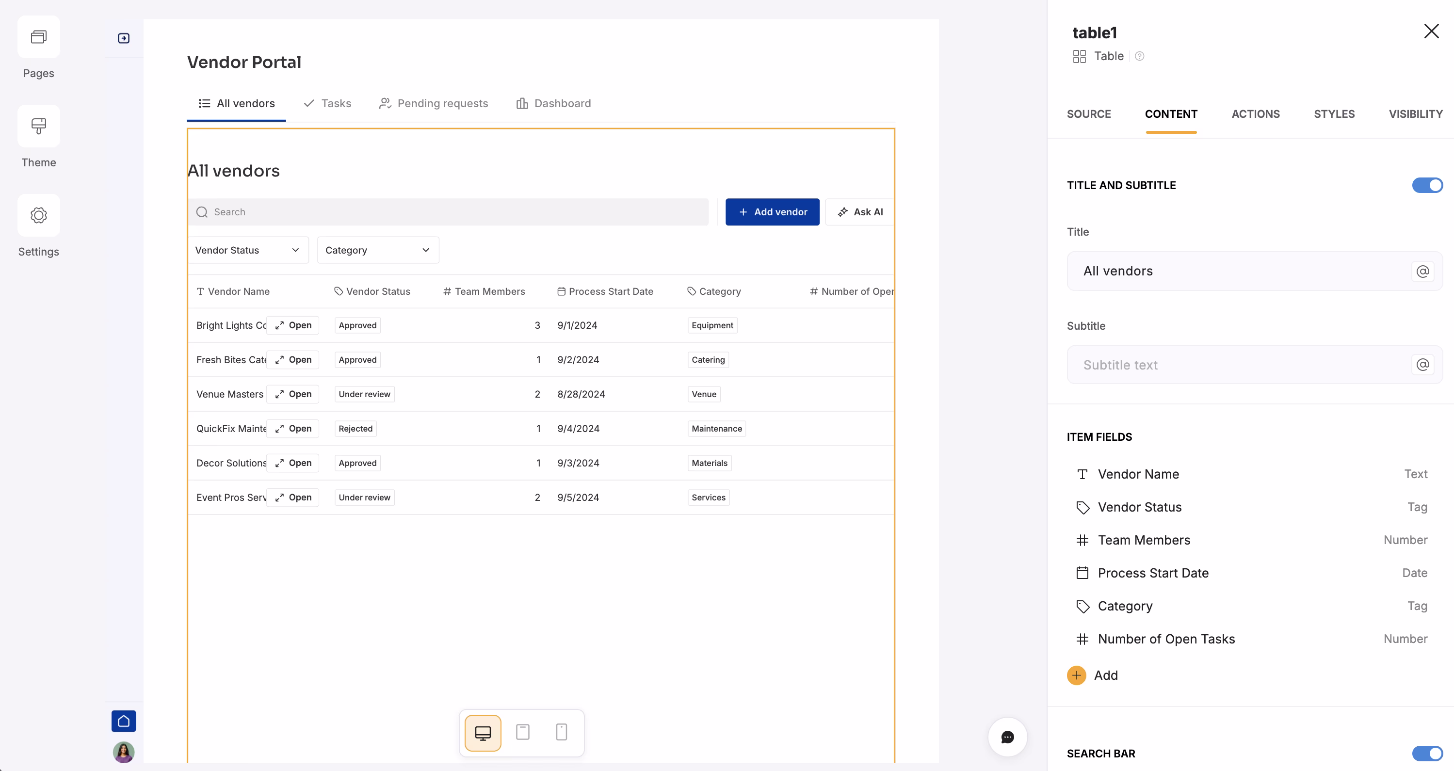 Vendor portal admin home page setup