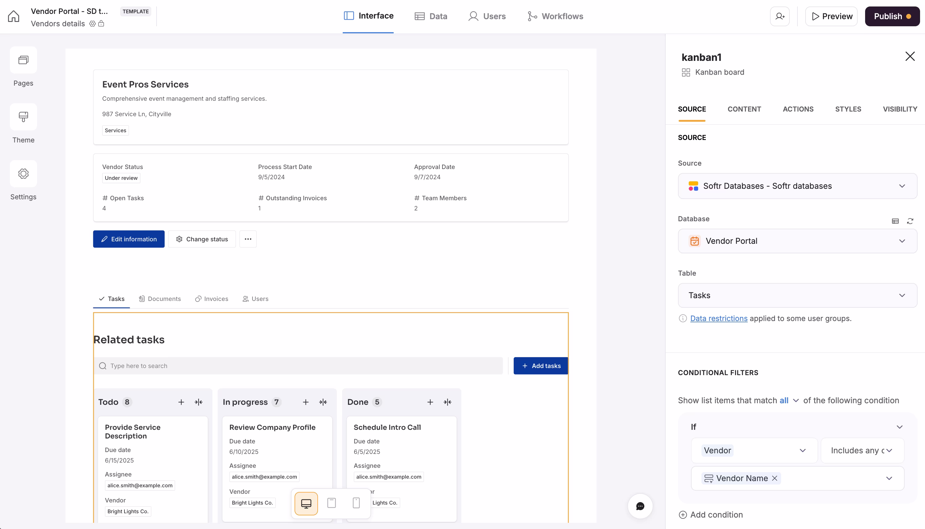 Vendor detail page in no-code app