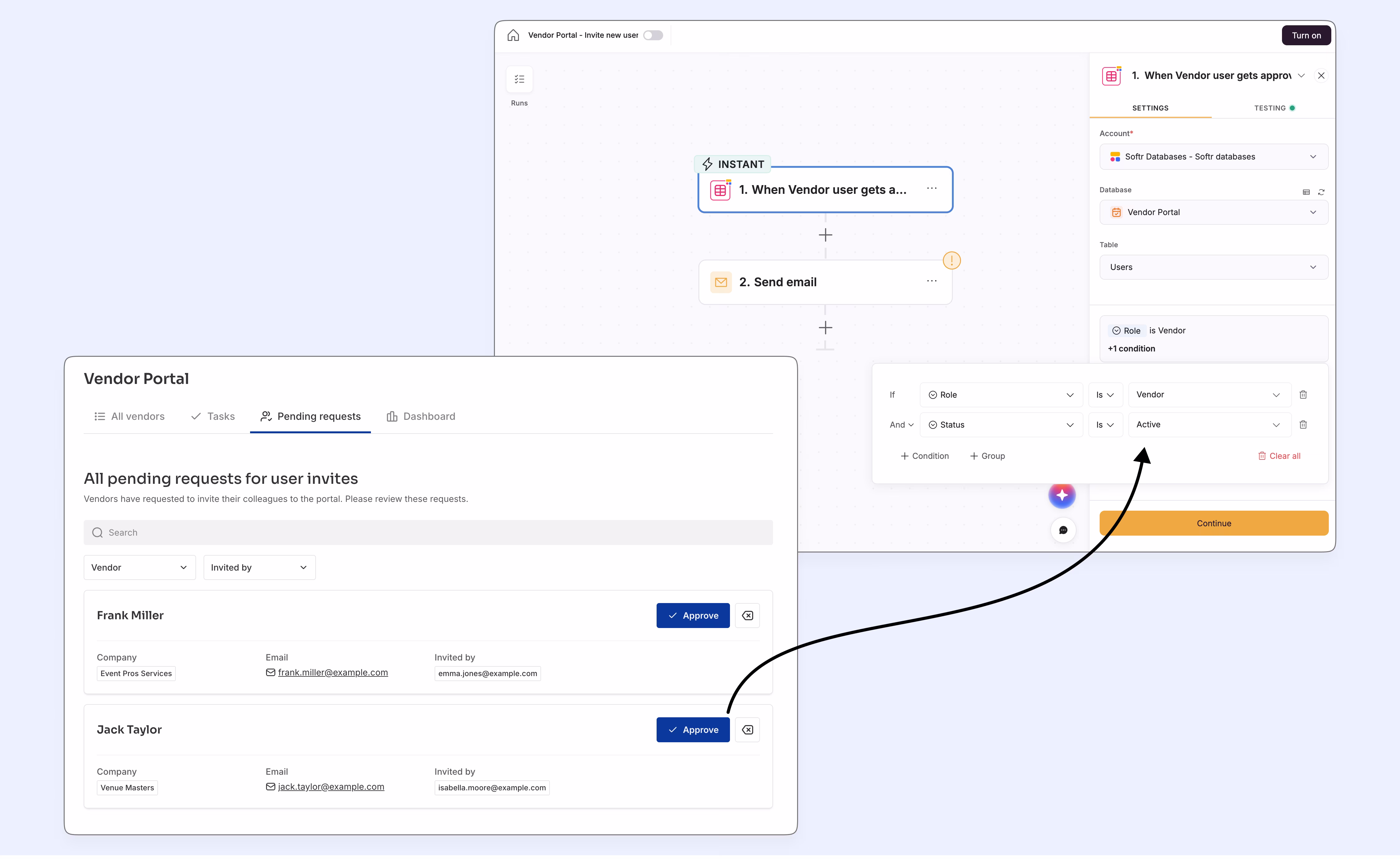 Automated vendor user approval email