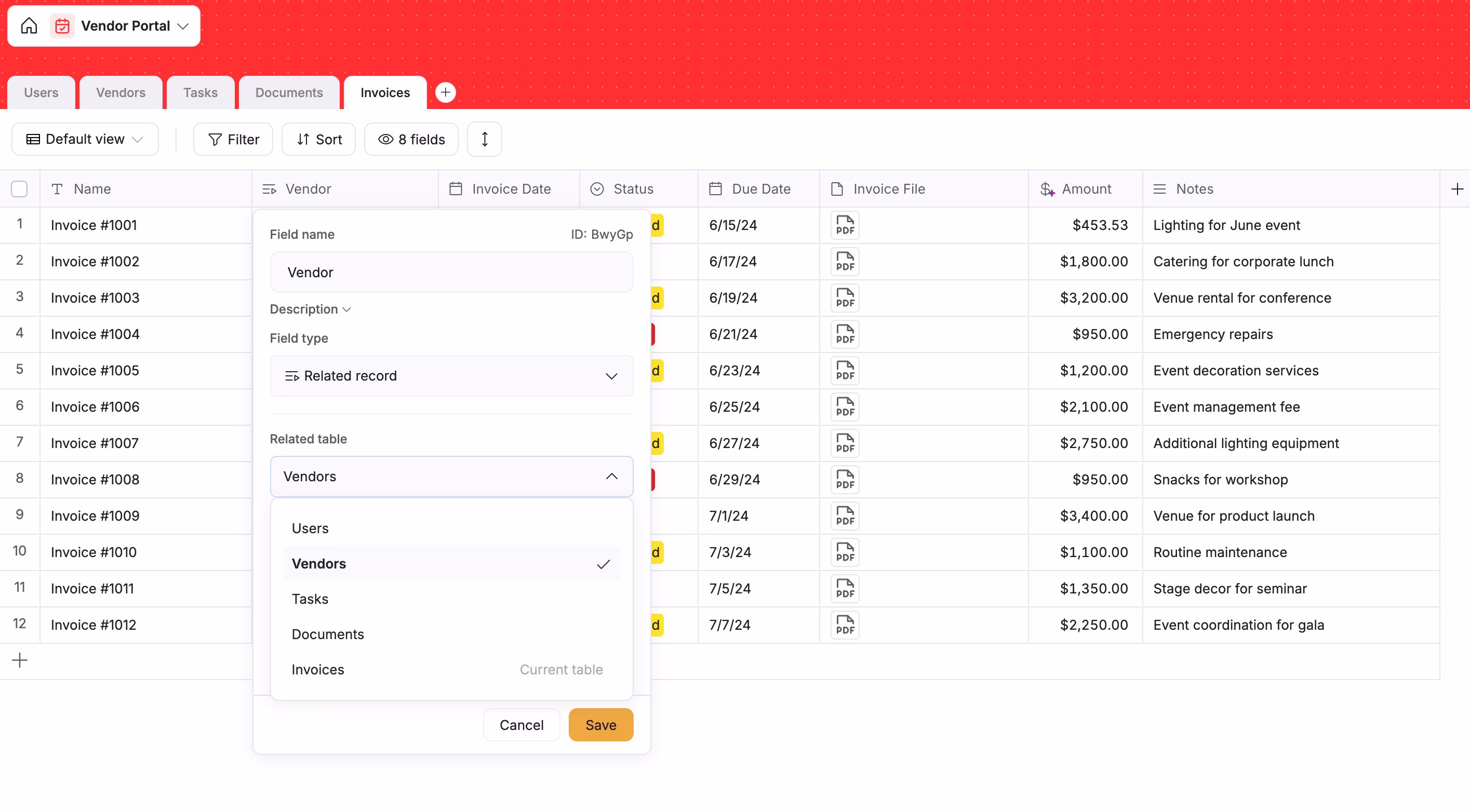 Invoices table in vendor portal, linking to vendors