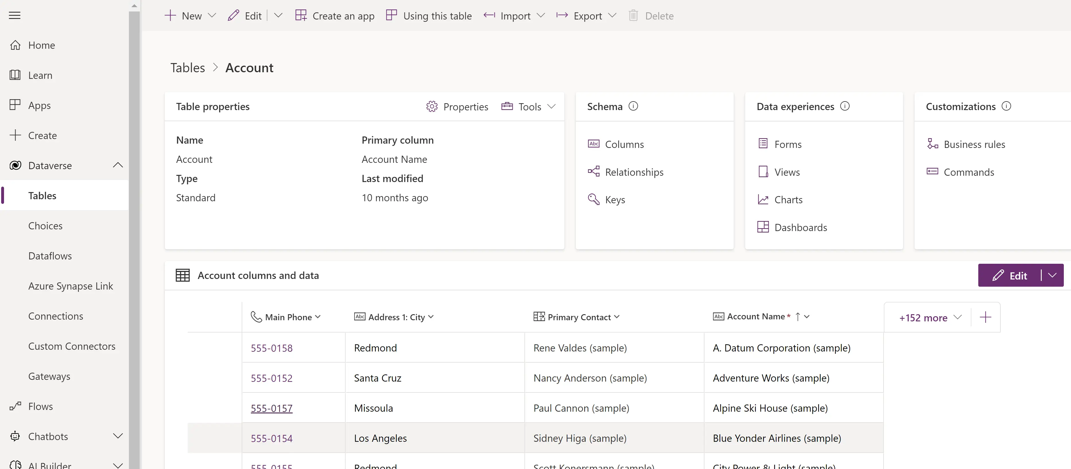 Screenshot of Microsoft Dataverse Tables