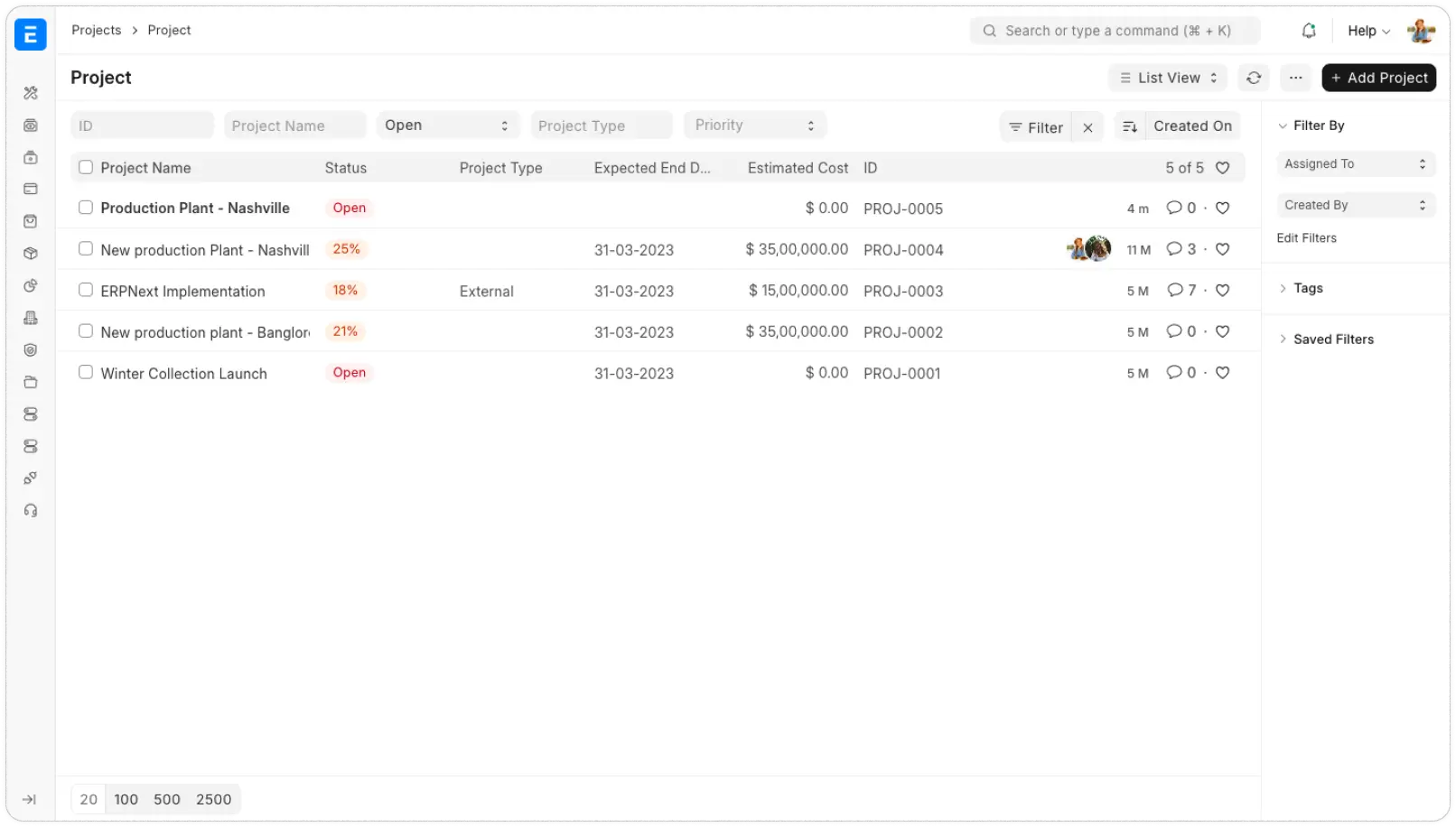 ERP project dashboard
