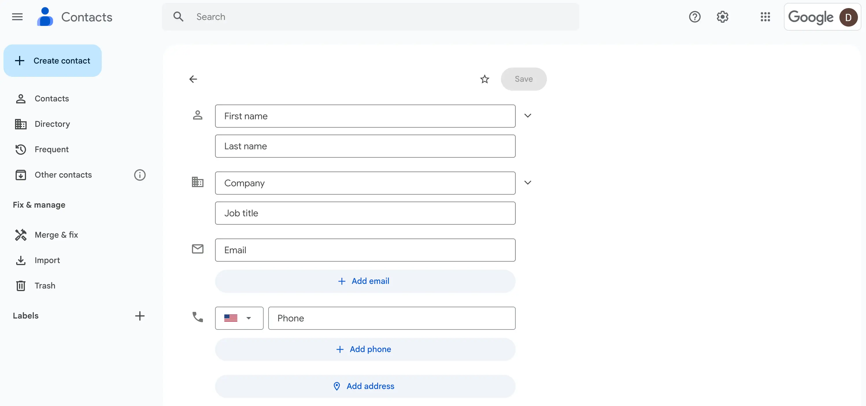 Screenshot of the Google Contacts interfae