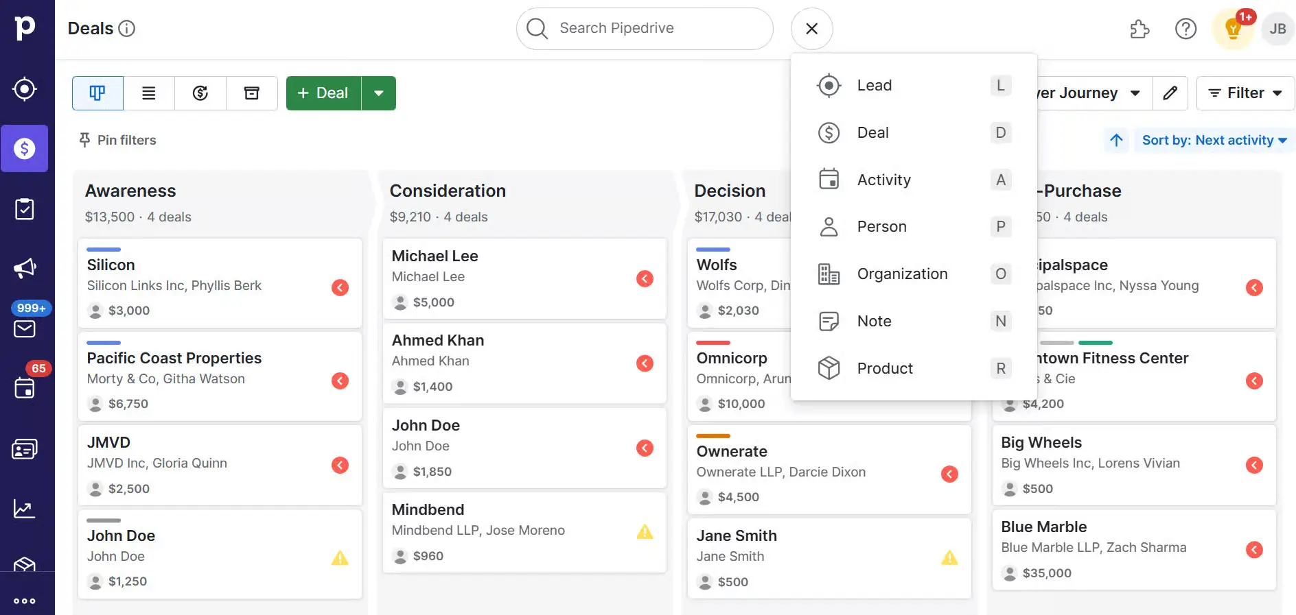 Pipedrive deals interface