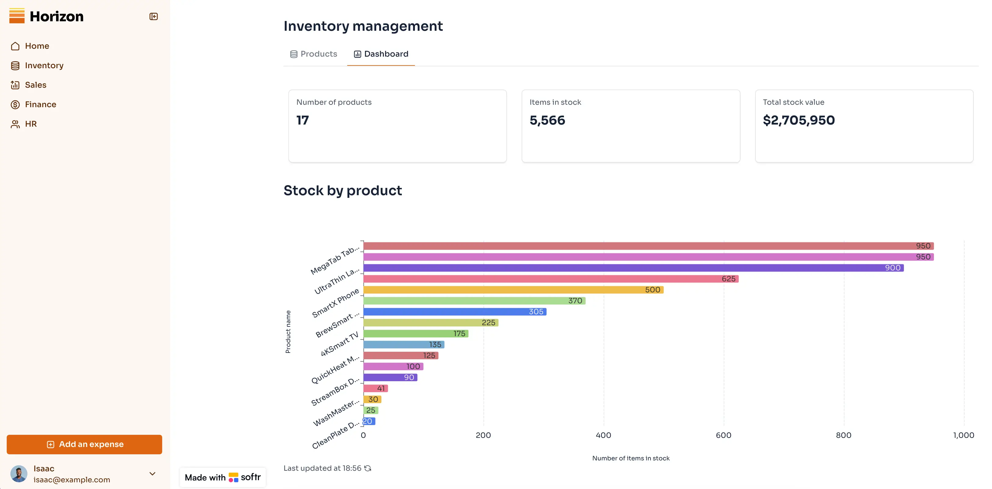 Softr inventory management main dashboard