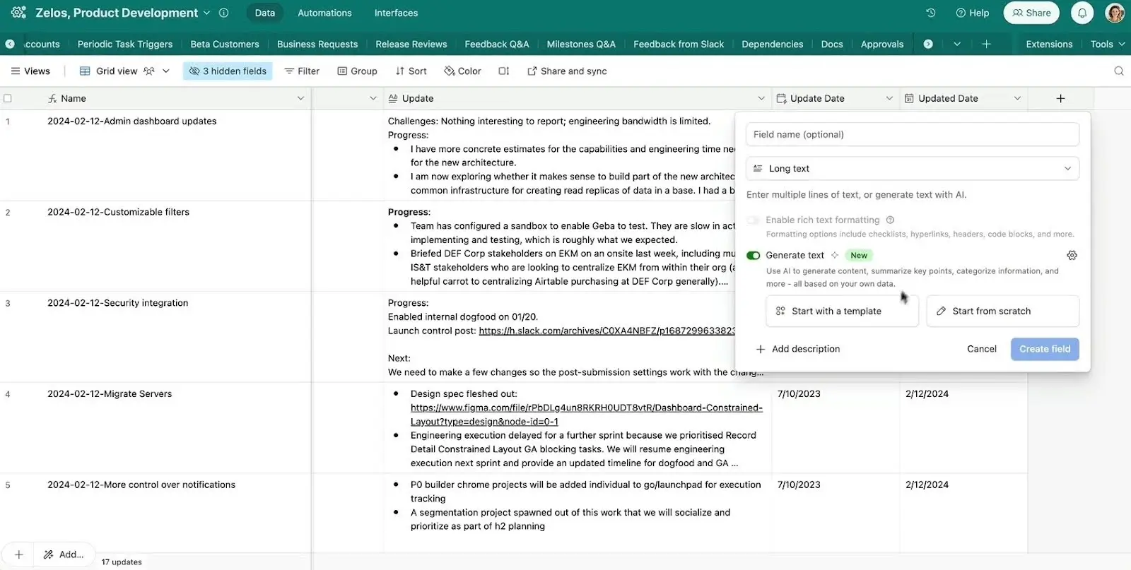 An Airtable database with AI summarizing unstructured data