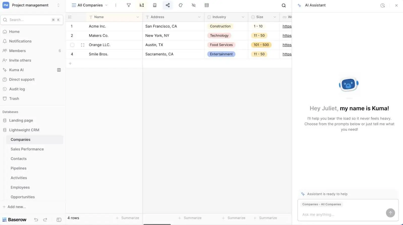 A Baserow database with an integrated AI assistant